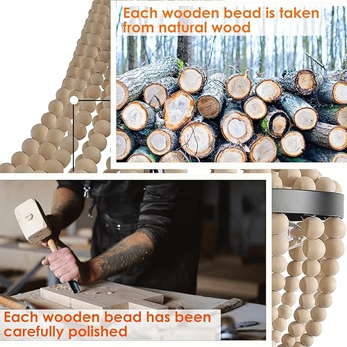 Miniatura 3 de Mini candelabro de madera bohemia con cuentas de 3 luces colgante de luz bohemio acabado de metal negro cuentas de madera de color natural para baño