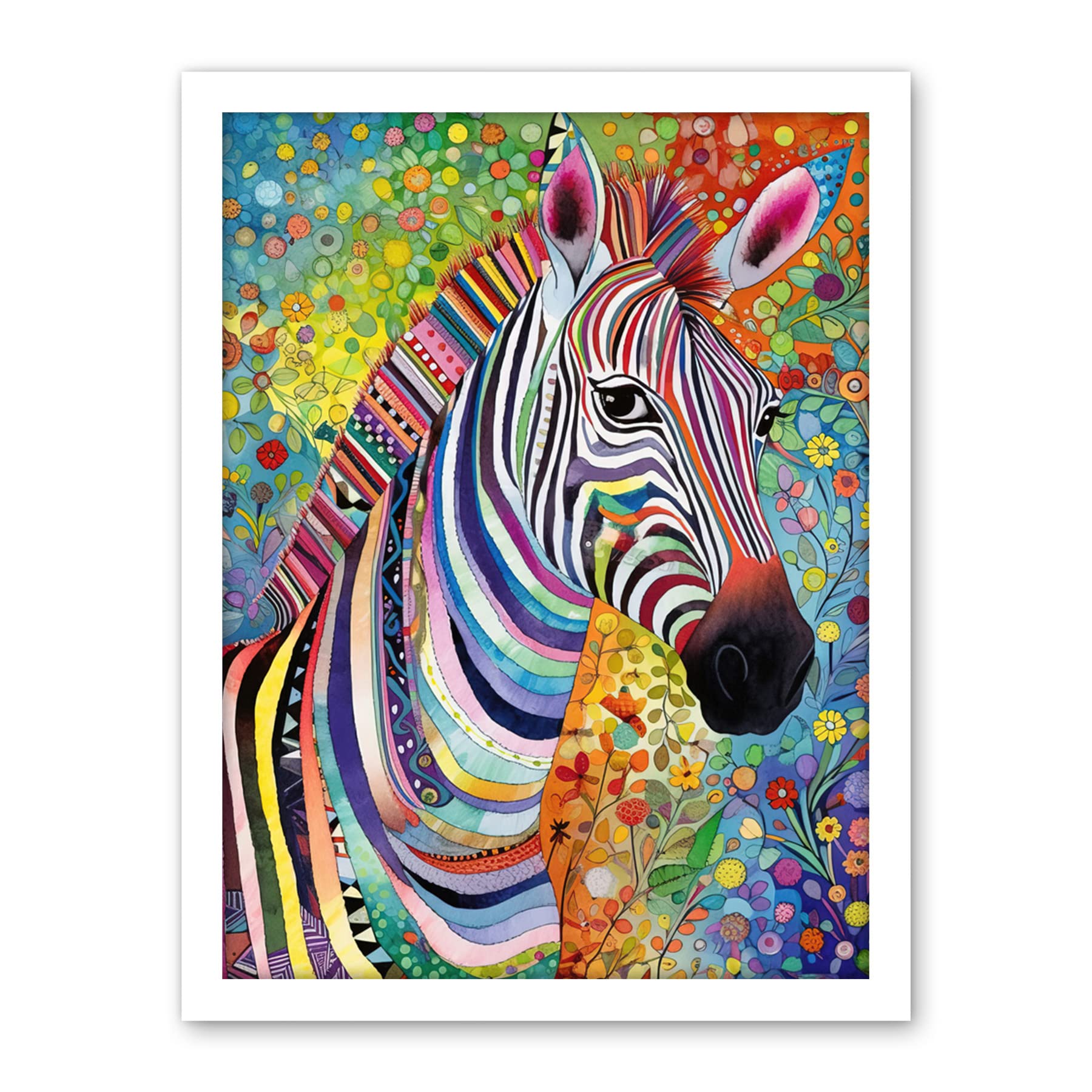 Artery8 Folk Art Zebra Colourful Flower Boho Artwork Framed Wall Art Print 18X24 Inch