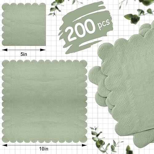 Miniatura 2 de Fuutreo 200 servilletas de cóctel festoneadas, servilletas de papel grueso de salvia, servilletas desechables para fiestas, servilletas de bebidas
