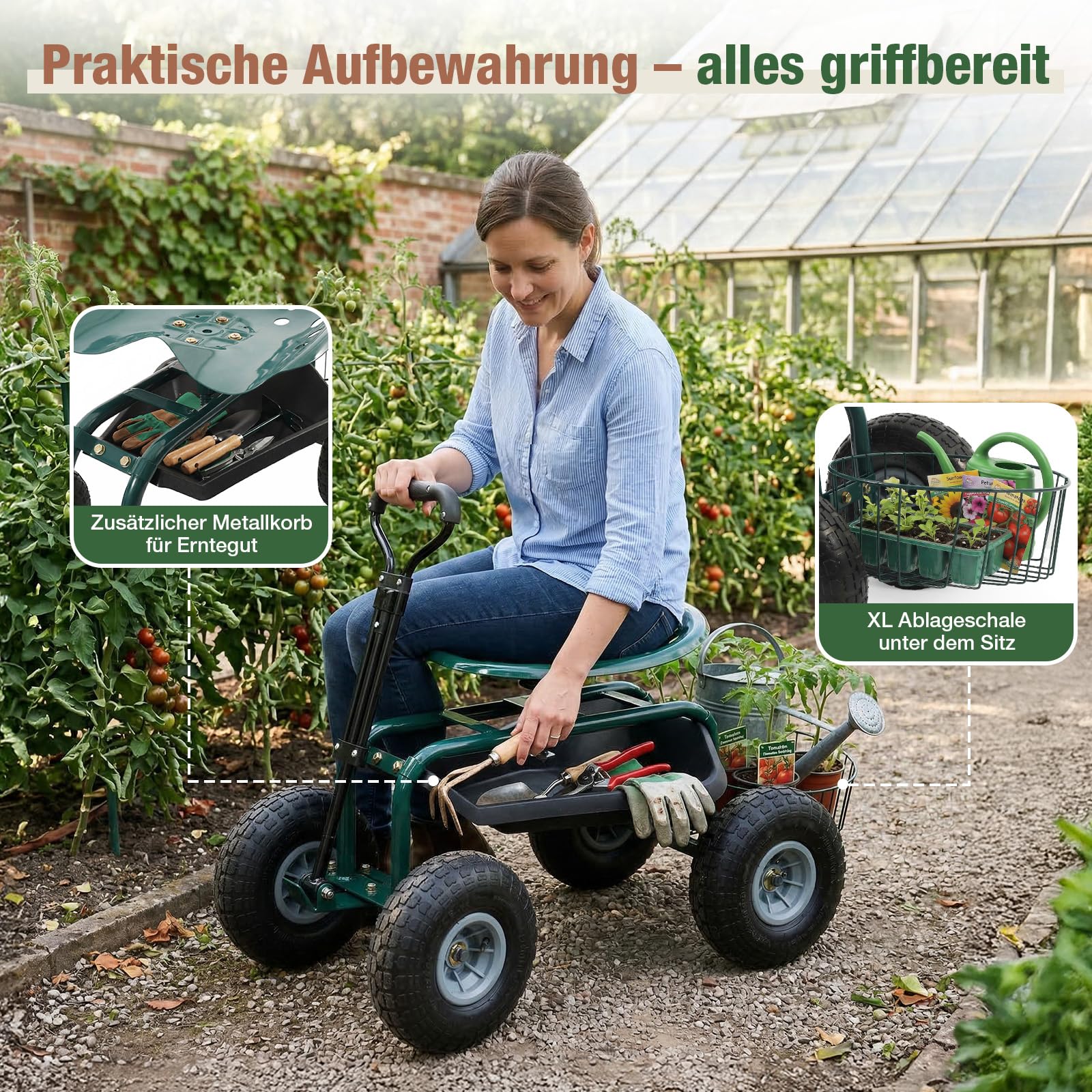 Sekey Gartenrollsitz mit Griff & Ø 25,5cm Reifen - Fahrbarer Rollsitz für Gartenarbeit bis 180kg - 360° Drehbarer Gartensitz zum Ernten & Beschneiden - Gartenhelfer mit Korb für Hof & Garten