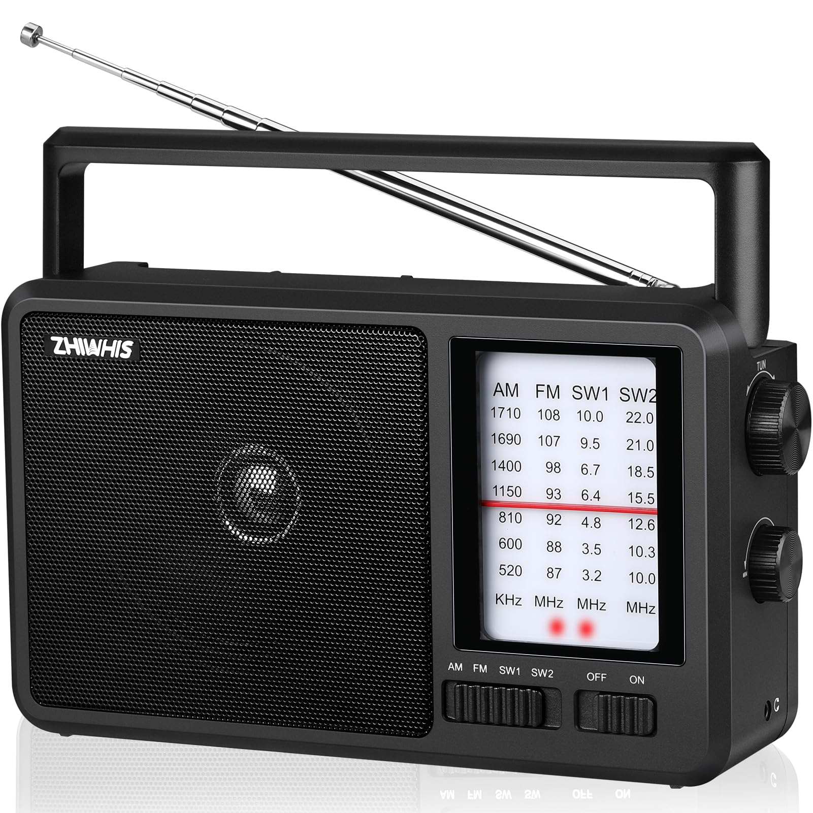 ZHIWHIS Shortwave Radio, AM FM SW Hand-held Radio, Portable Receiver by 4 AA Batteries, 4 inch Large Speaker, External Antenna Port, for Home ZWS-206 Indicative Style