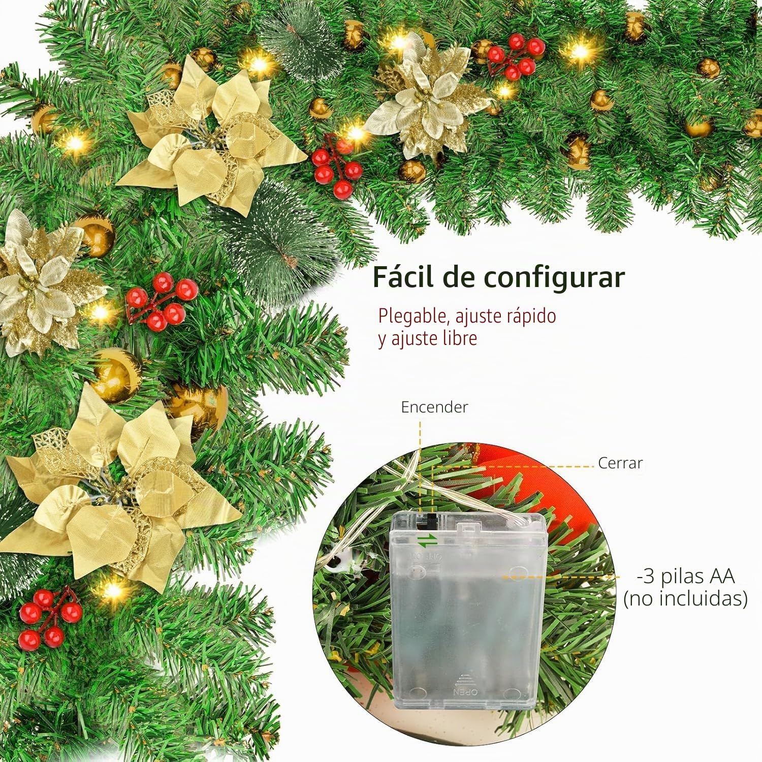 Guirnalda Navidad, Corona navideña de 2,7 m, 200 Ramas, con Bayas Rojas y Agujas de Pino Blanco,Decoracion Navidad para Chimenea con escalones de jardín (Oro)