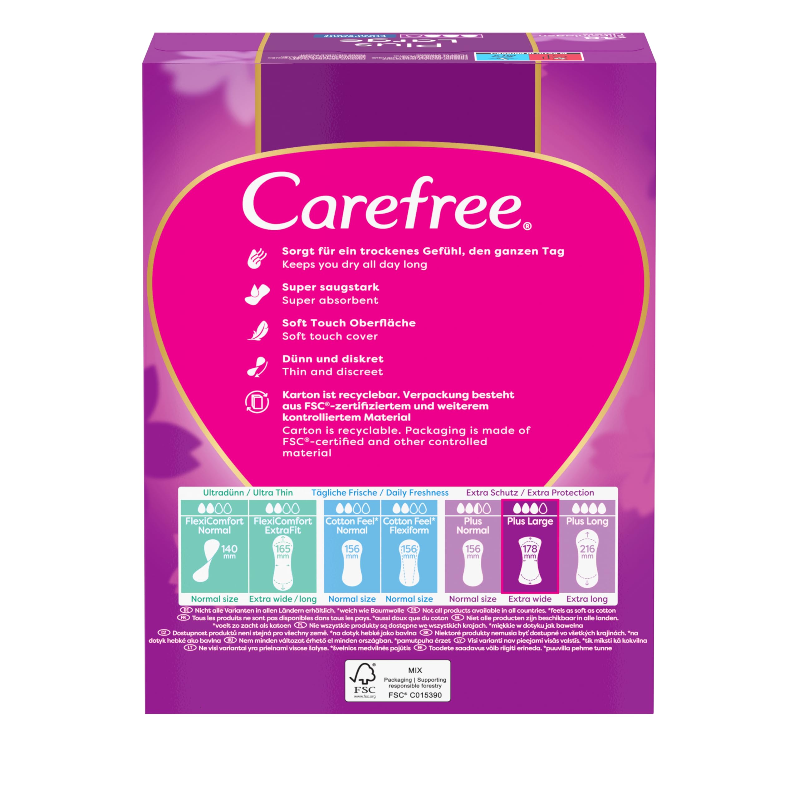Carefree Plus Large Fresh 48 szt. Wkładki higieniczne o świeżym zapachy. Szersze niż standardowe, Z super chłonnym wkładem z zapewniają długotrwałą ochronę przed wilgocią i nieprzyjemnym zapachem.
