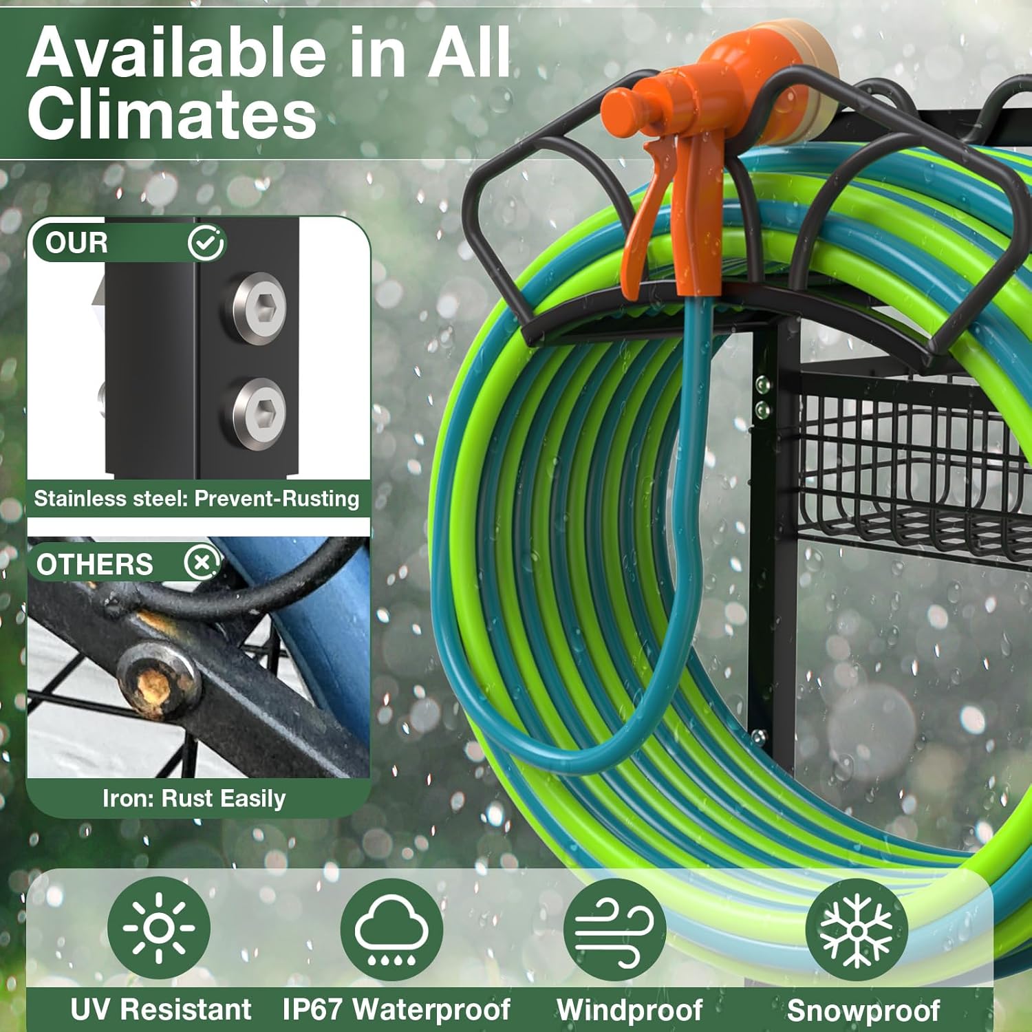 Qatsrin Upgraded Garden Hose Holder with Large Basket, Heavy Duty Water Hose Holder Supports 160-ft Hoses, Freestanding Detachable Hose Stand Storage Reel Hanger Rack for Yard Lawn Farm