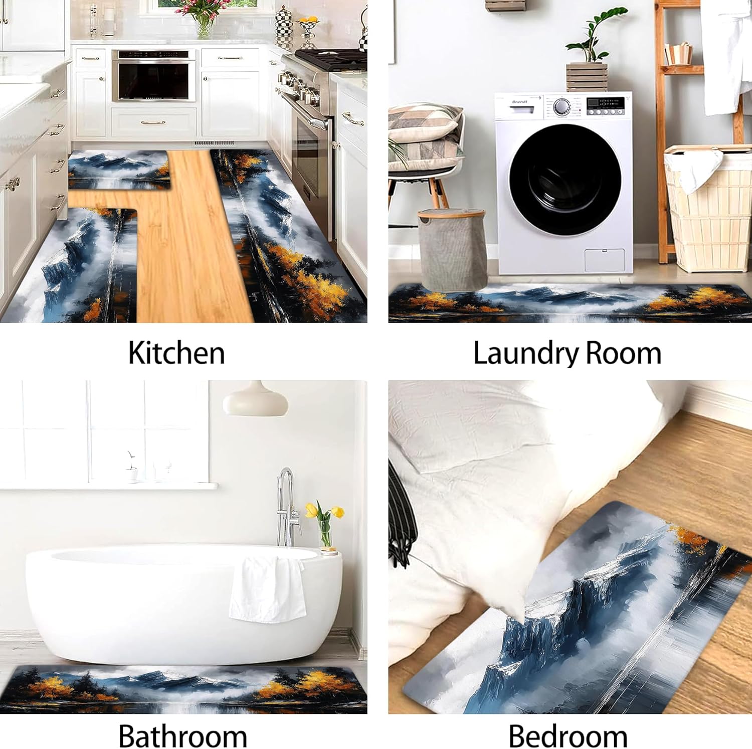 Mountain Landscape Kitchen Mats for Floor, Artistic Nature Design Soft Mats, Cushioned Comfort Washable Non Slip Decor Rugs for Kitchen Sinks Laundry Room Bathroom 3Pcs