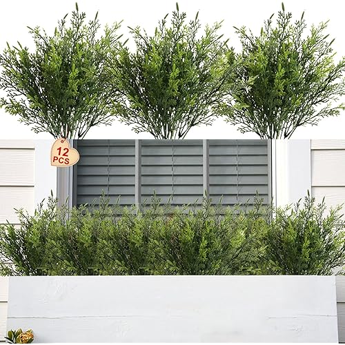 Artificial Outdoor Plants 12 PCS Fake Cedar Plants Plastic Faux Pinetree Stems Greenery Shrubs UV Resistant Colorfast Indoor Outdoor Home Decor for Windowbox Garden Porch Path (Green)