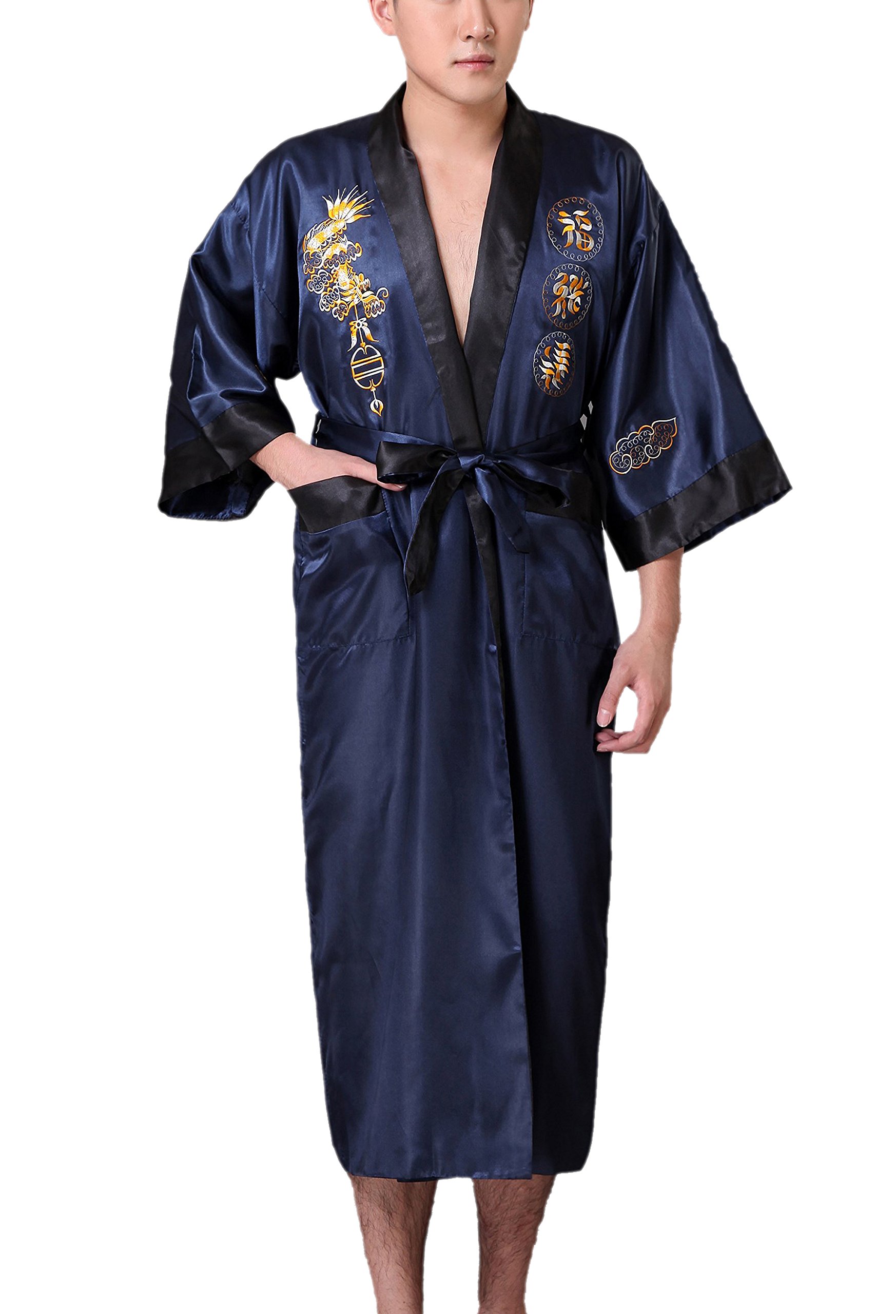 Jtc Men's Dark Blue/Black Dragon Embroidery Reversible Satin Bathrobe Sleepwear Kimono Robe Gown ()