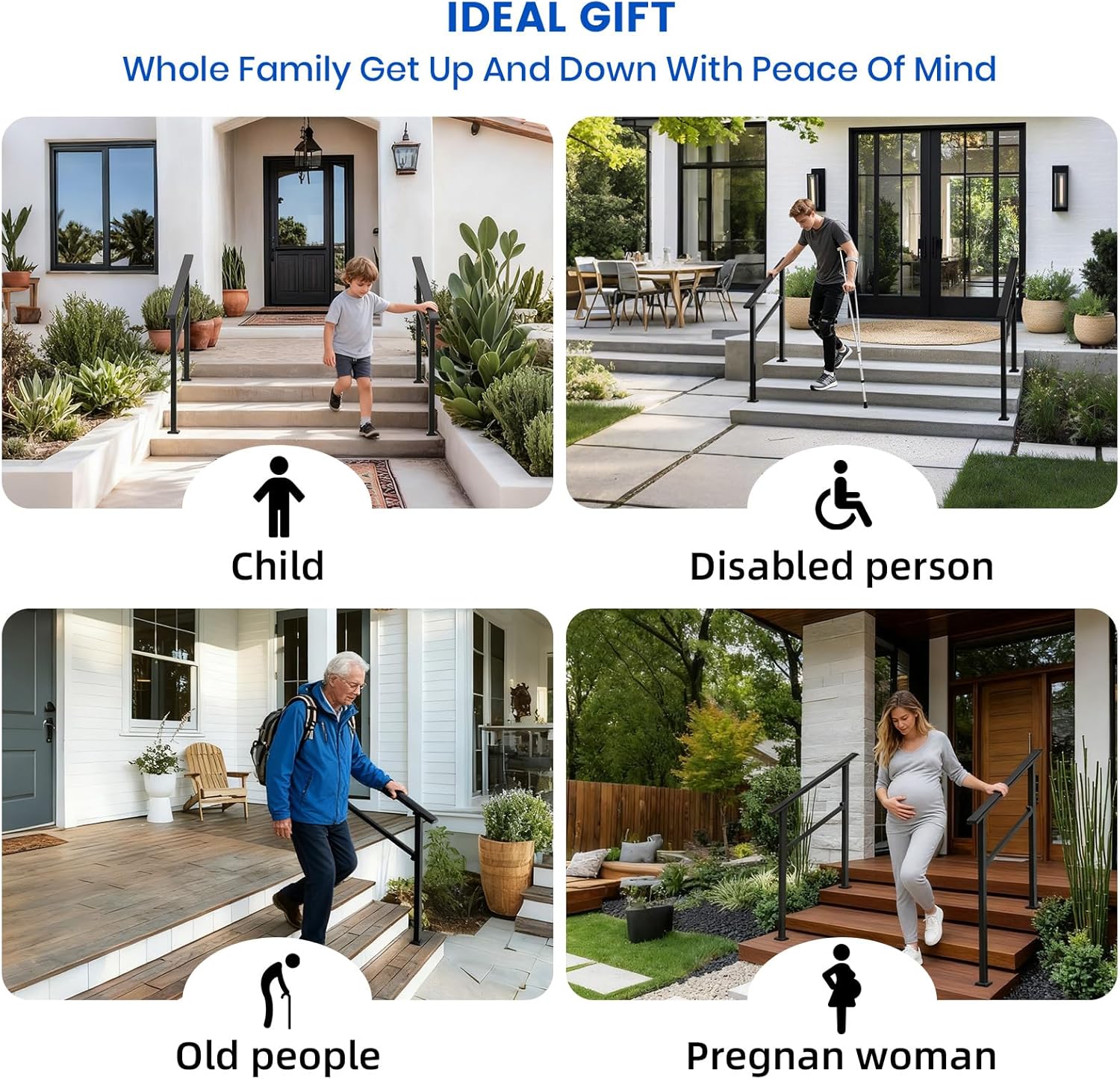 Hand Rails for Outdoor Steps-Adjustable Angle 3-4 Steps Stair Handrail-Galvanized Aluminum Alloy-600 lb LC-Indoor Stair Railing Kit-Waterproof Exterior Porch Railing-Deck Hand Rail for Concrete Wood