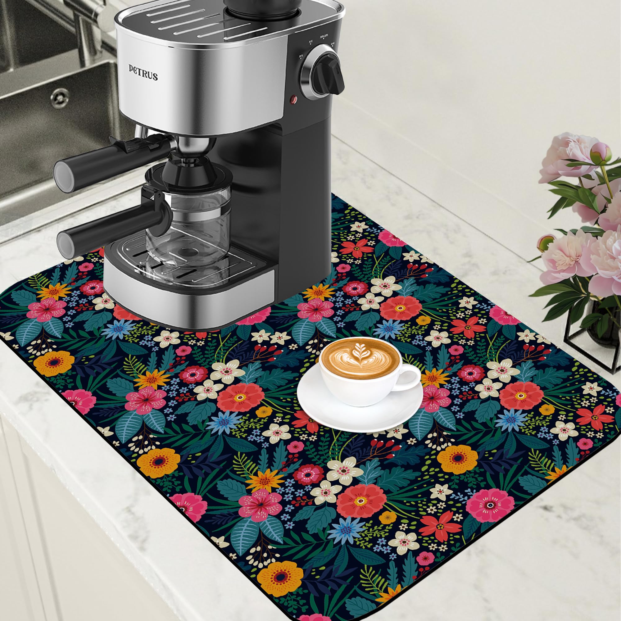 Tapis De Séchage Vaisselle En Caoutchouc Absorbant Avec Motif Pattes Et Fleurs - 30,5 X 50,8 Cm