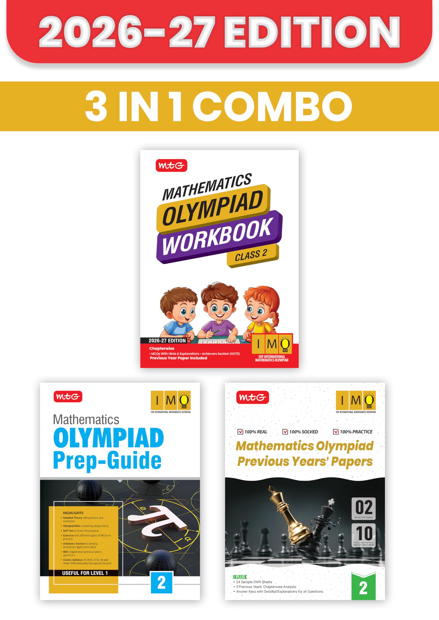 MTG Mathematics Olympiad (IMO) Workbook, Prep Guide & Previous Years Papers Class 2 (PYQs) with Mock Test Paper - SOF Olympiad Books For 2026-27 Exam (Set of 3 Books)