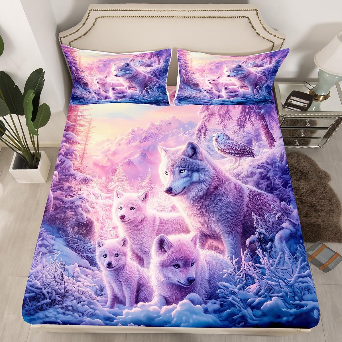 Snow Wolf Fitted Sheet Full Size,Safari Animals Sheet Set(No Top Sheet),Natural Snow Trees Bedding Set(1 Fitted Sheet+2 Pillow Cases),Woodland Cool Wildlife Bed Cover Boys Girls Bedroom Decor