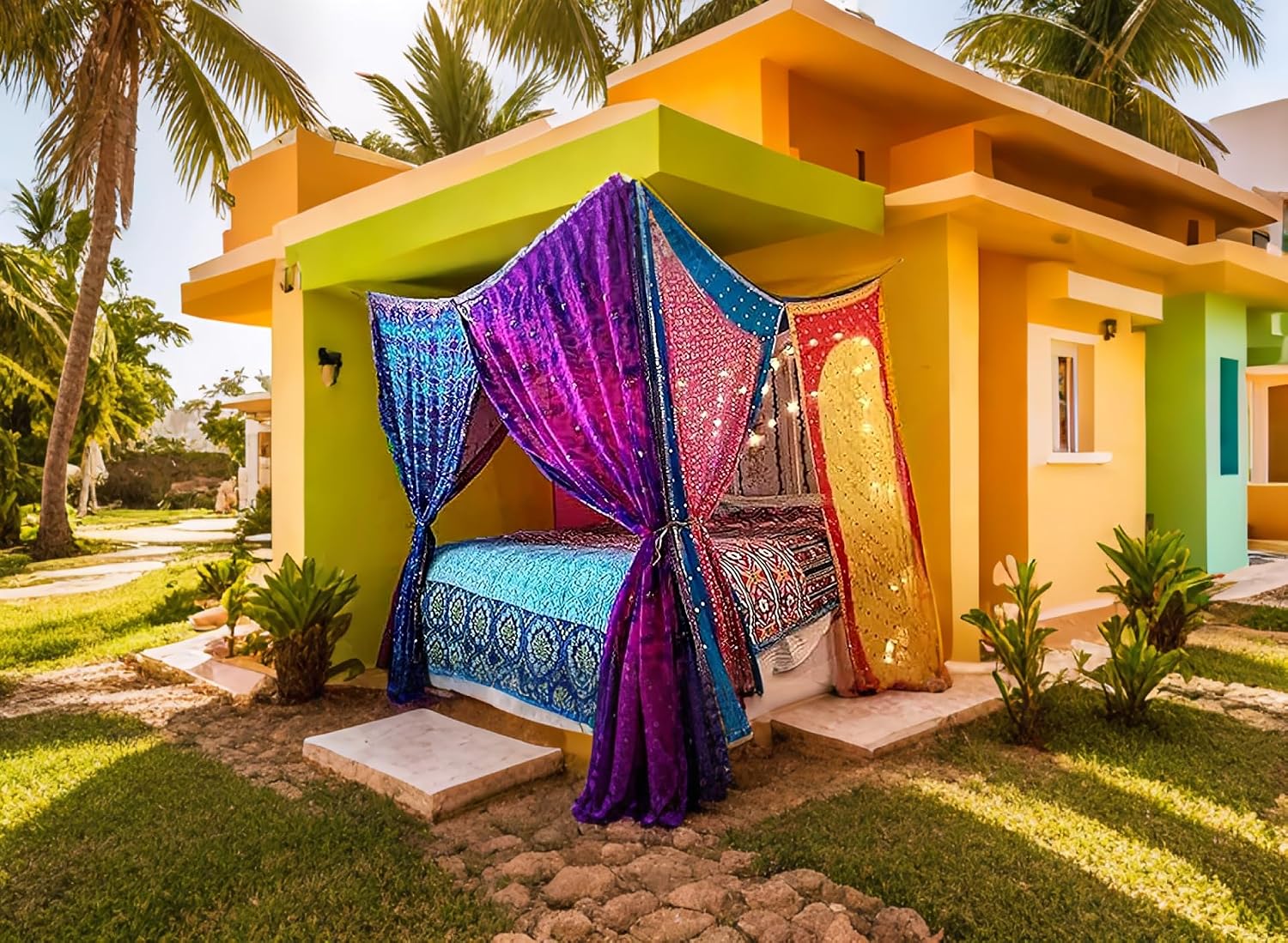 EthinicCraftHub® Boho Canopy with Bunting/Saree Tent, Gypsy Decor, Meditation Room - Glamping, Floor Seating Area | Bohemian Wedding Backdrop