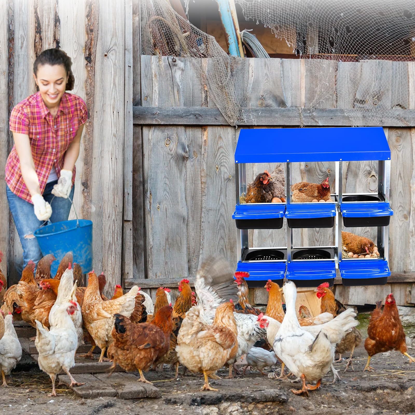 Garvee Caja De Anidación para Gallinas 6 Compartimentos Acero Galvanizado Antióxido Tapa Extraíble