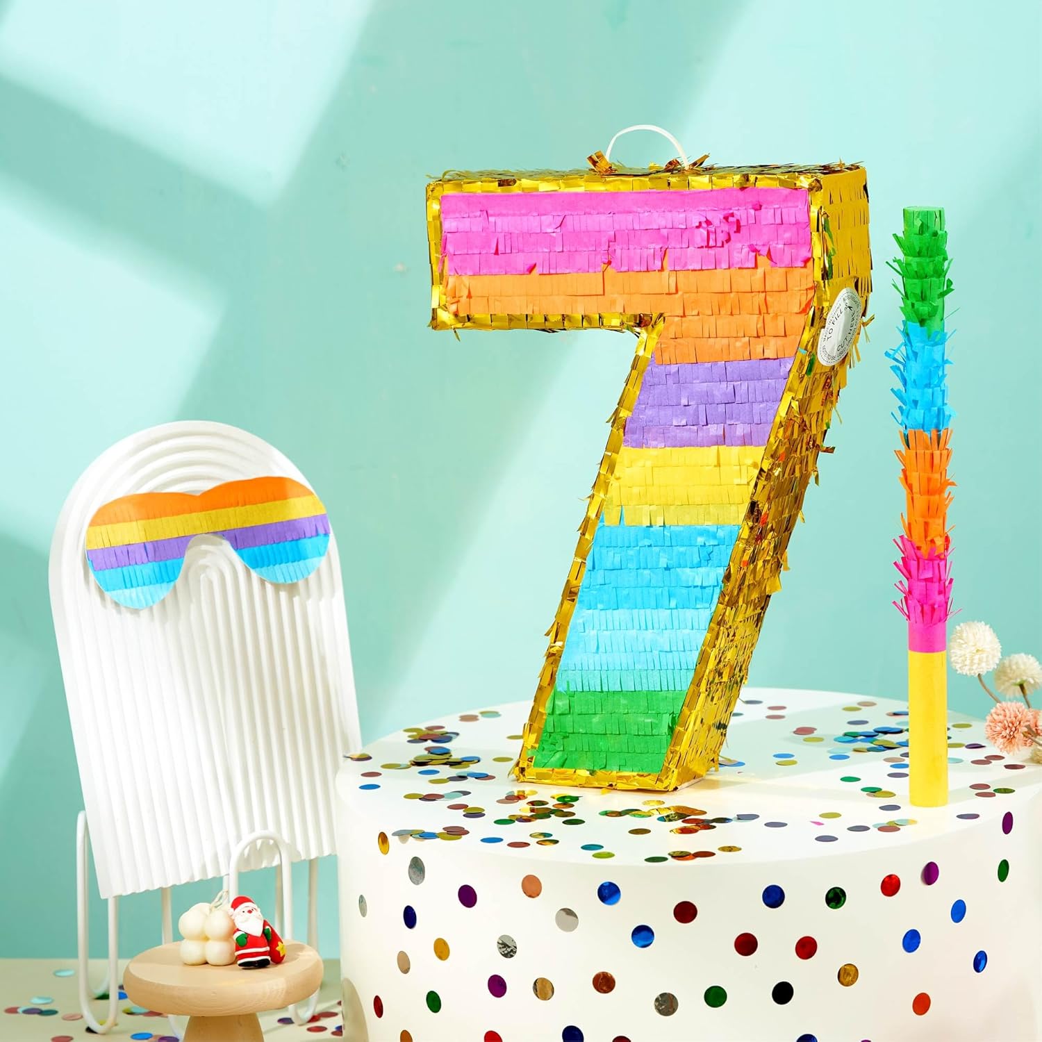 Rainbow Number 7 Pinata for 7th Birthday Party Decorations, Fiesta, Kids Anniversary Celebration, Birthday Pinata with Stick, Blindfold and Confetti (Small, 16.5 x 11.5 x 3 In)
