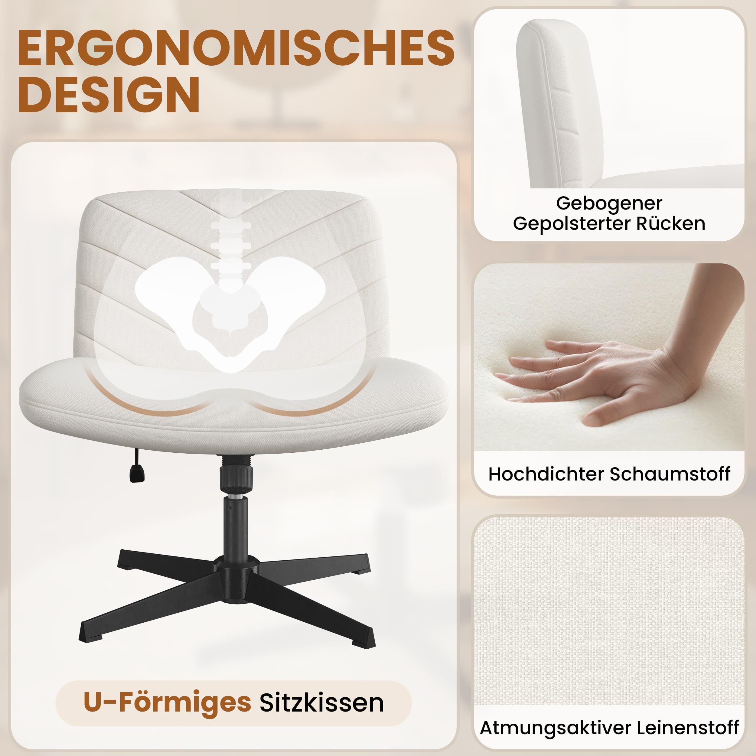 Yaheetech Homeoffice Stuhl aus Stoff in Leinenoptik, Ergonomischer Bürostuhl, Schreibtischstuhl mit breiter Sitzfläche, Höhenverstellbarer Drehstuhl ohne Rollen als Schneidersitz-Stuhl Beige