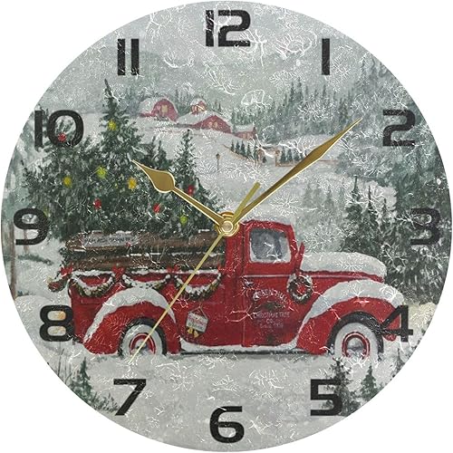 Miniatura 4 de ALAZA Reloj de pared de árbol de Navidad con camión rojo, no tictac, reloj de escritorio decorativo para dormitorio, cocina, sala de estar, escuela,