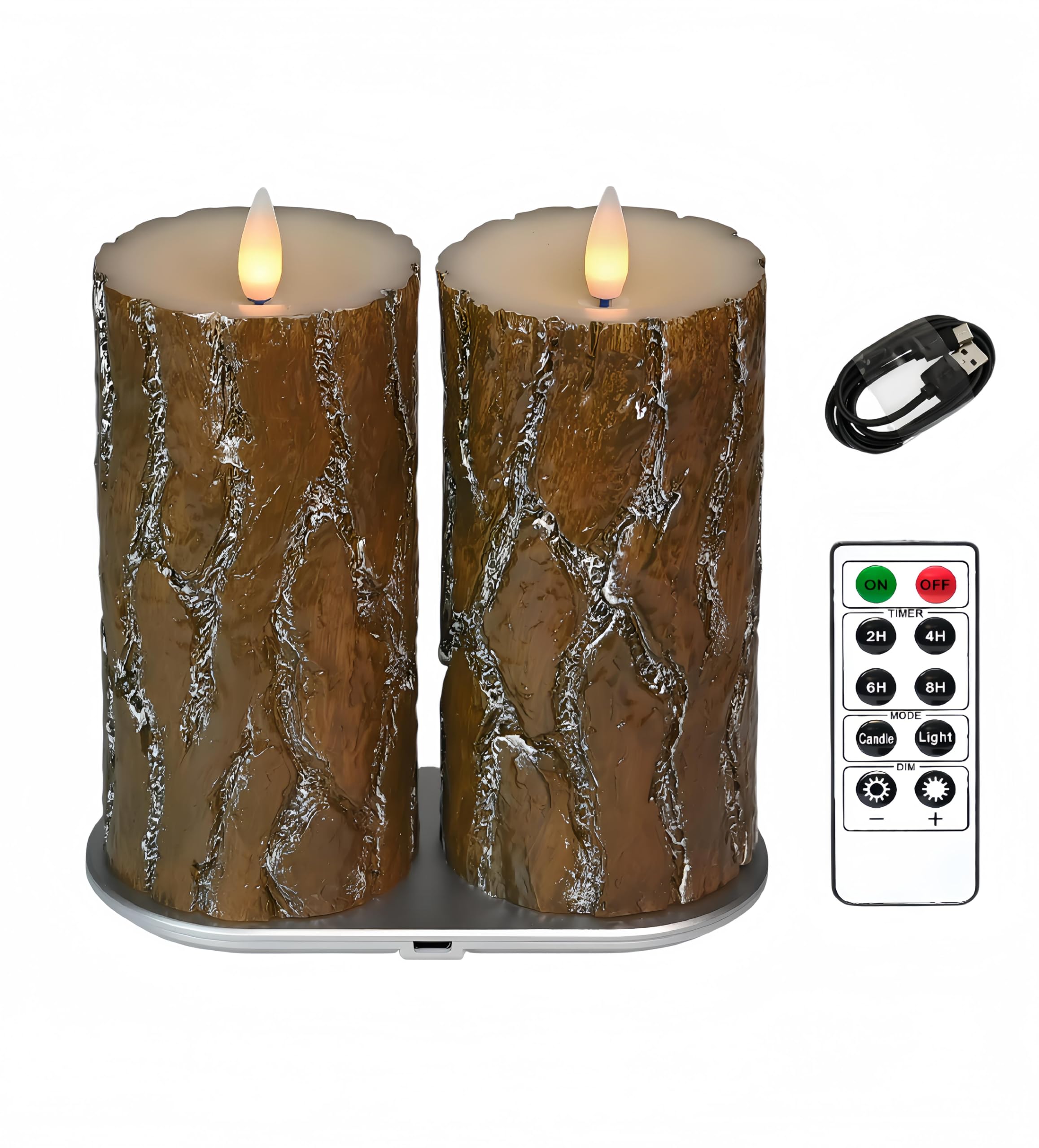 Wiederaufladbare flammenlose Stumpenkerze mit Fernbedienung, 3D-bewegliche Flamme, Echtwachs-LED-Stumpenkerzen (Kiefer, 7,6 x 15,2 cm)