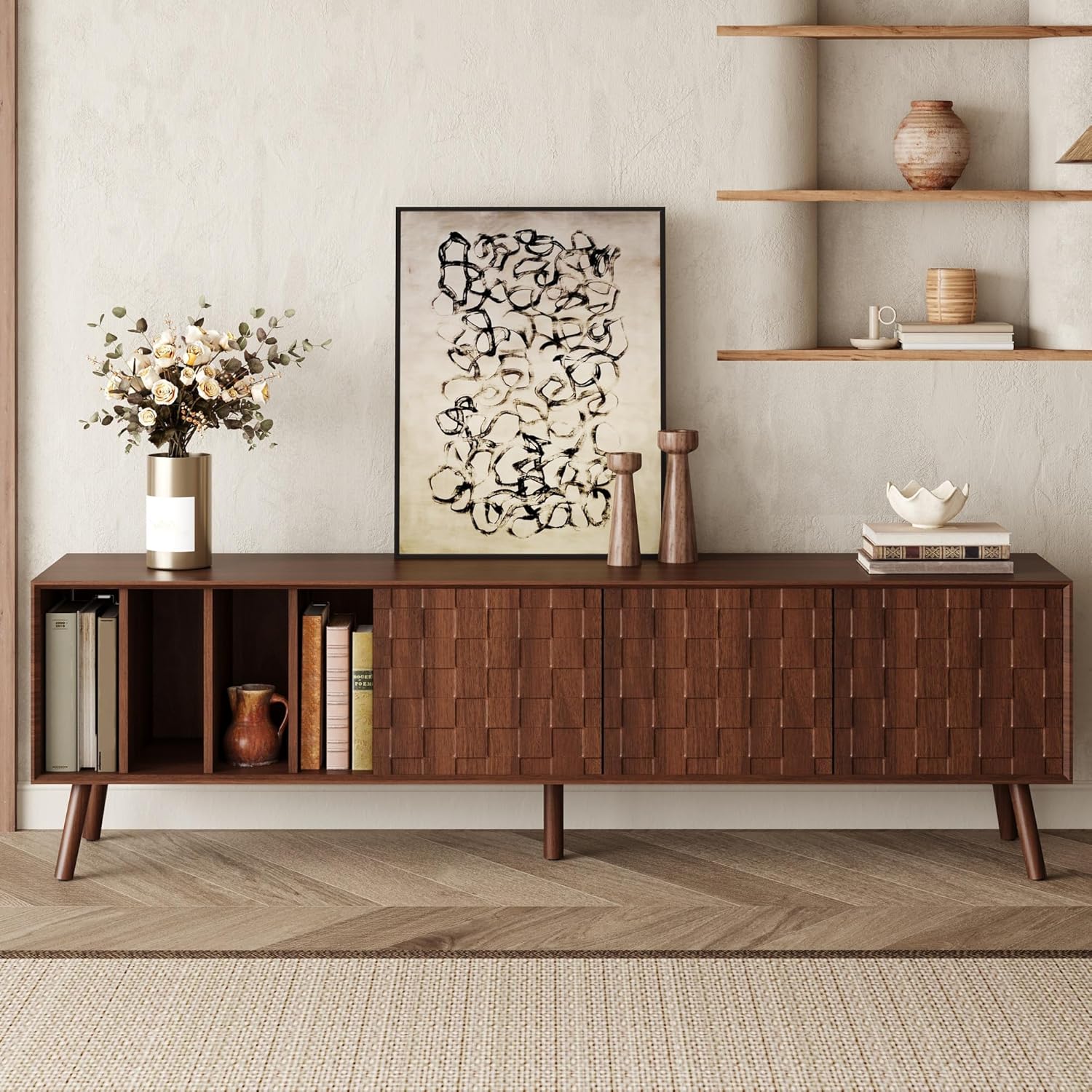 Virubi Mid-Century Modern TV Stand, Entertainment Center with 3 Doors and Open Shelf, Media Console for TVs up to 80 Inch, Television Stands with Cable Management for Living Room