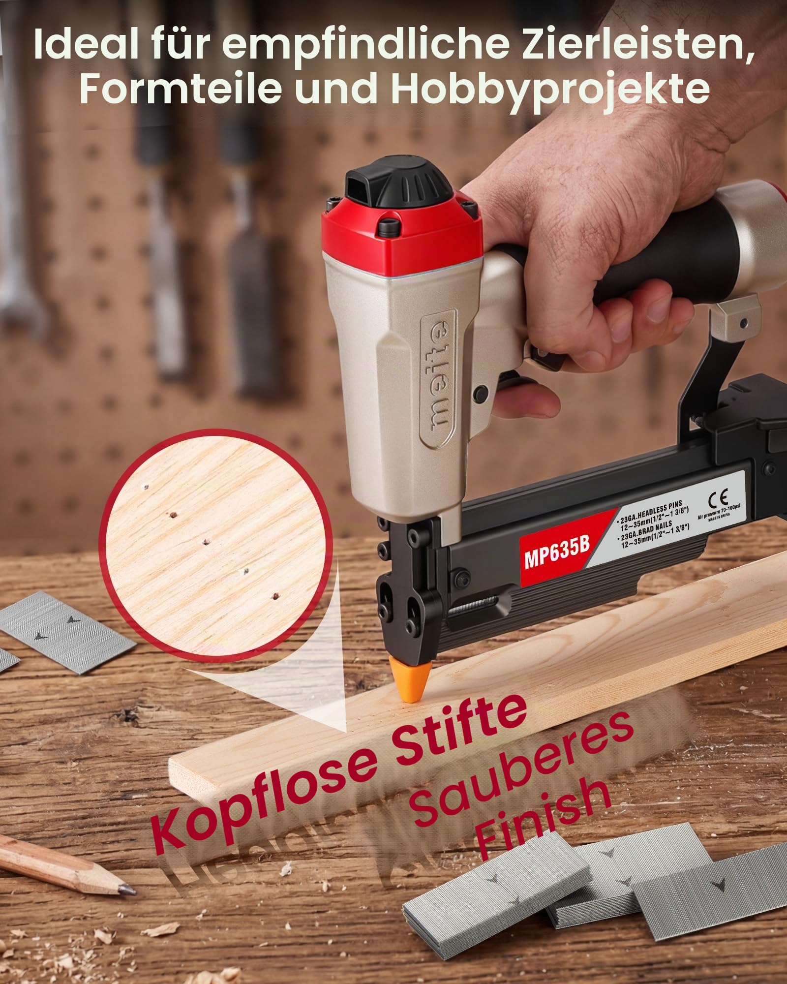 meite MP635B Druckluft Stiftnagler mit 10000 Stück 23 Ga 25 mm Kopflose Stifte, Kompakte für 12–35 mm Länge, Druckluft-Nagelpistole Kompakte für Zierleisten, Bilderrahmen und Feine Holzarbeiten