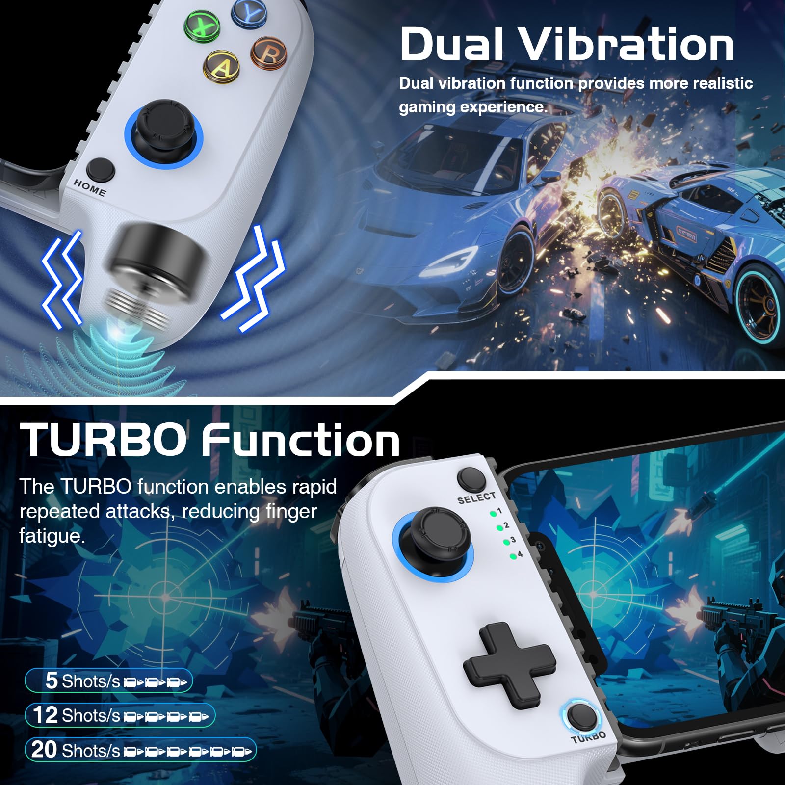Controller di gioco mobile per iPhone/Android, controller per telefono con effetto Hall, custodia per telefono, controller di gioco per Xbox, per PlayStation, Cloud/Steam Gaming (bianco)
