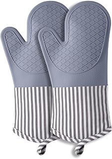 FunSiltasy Silicone Oven Mitts: 500°F Heat Resistant Waterproof Non-Slip Gloves with Quilted Liner, 13.5" Nordic Grey for Baking BBQ