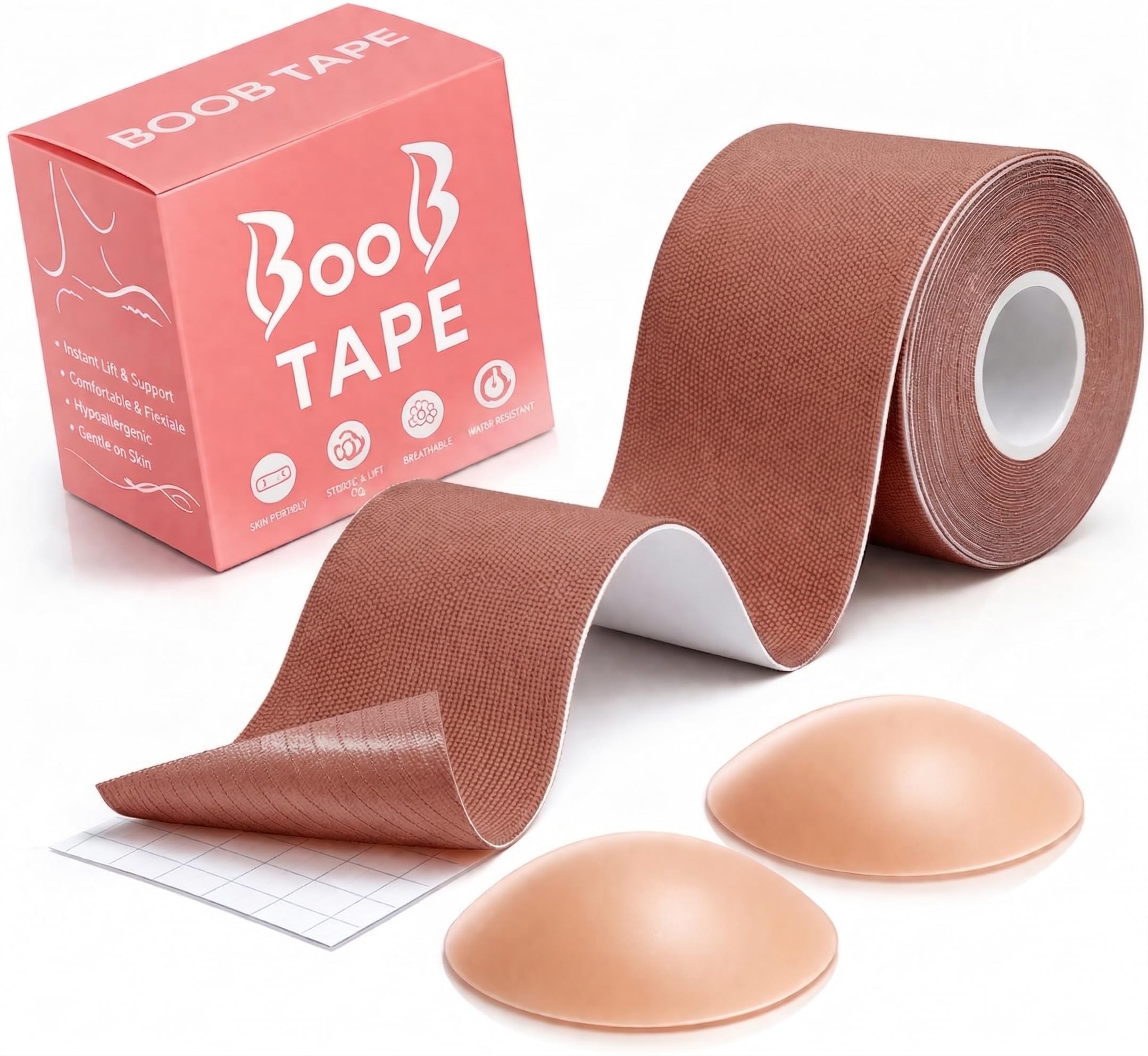 INTELLIGRON Boob Tape, Bob Tape for Large Breasts, Self-Adhesive Strapless Boobtapes with 2 Pcs Nipple Covers, 5M Stretchable Longer Roll, Perfect to Stick on Bra, Kinesiology Tape