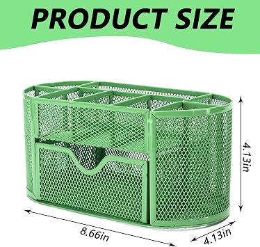 Mesh Desk Organizer Office Supplies: Desk Top Organizer with 9 Compartments, Office Organizers with Drawer, Multifunctional Metal Pen Holder Stationery Caddy for Organization (Green)