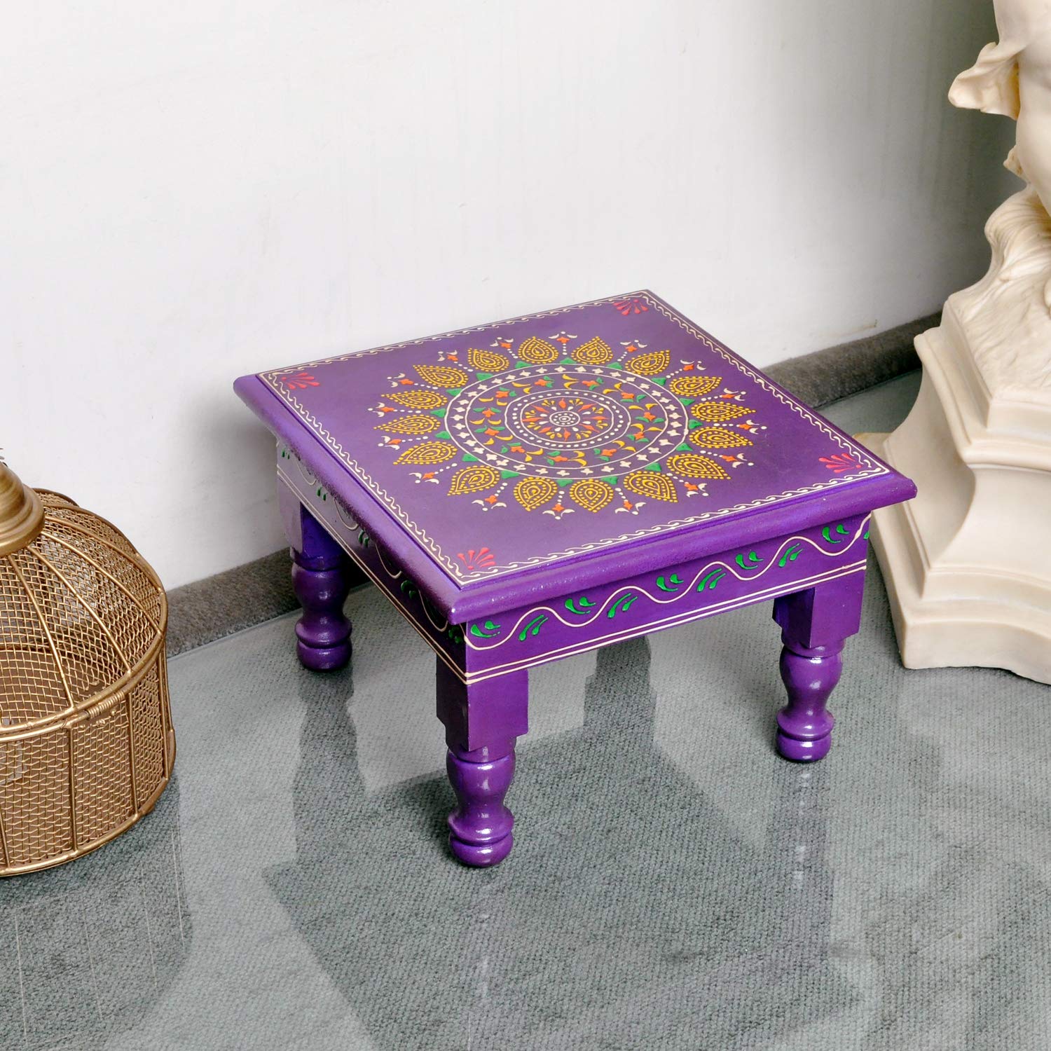 Lalhaveli Hand Painted Indian Chowki Altar Meditation Stool Low High Stool Wooden Chowki for Living Room Purple (9 x 9 x 6 Inch)