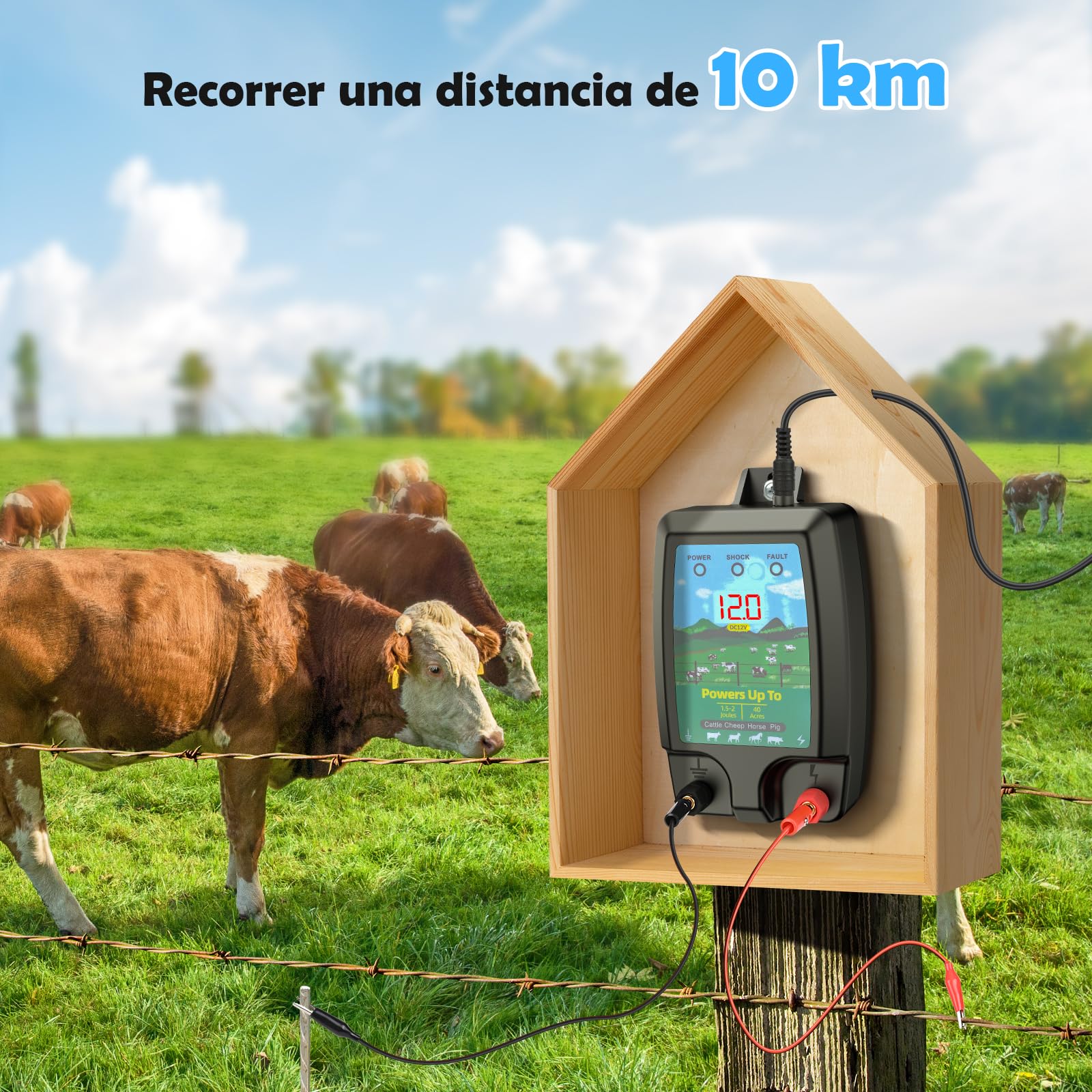 Valla eléctrica para mascotas 10KM, Potente 2J electrificador Valla eléctrica con pantalla LCD, alta potencia impermeable cerca eléctrica para protección de animales