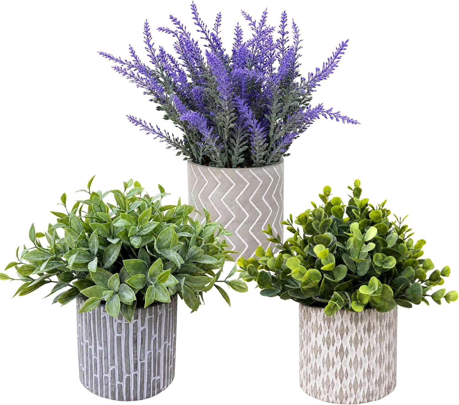 Set of 3 Artificial Potted Plants, Faux Eucalyptus Lavender and Tea Tree Greenery in Cement Pots, Small Fake Plants for Shelf Bathroom Office Desk Decor