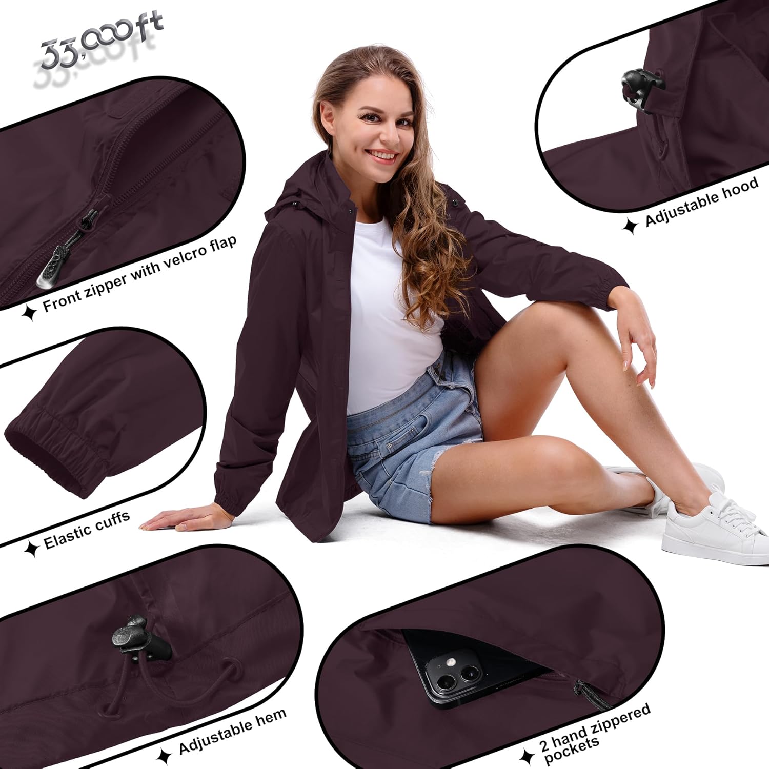 33,000ft Women's Rain Jacket Waterproof Lightweight Packable Raincoat with Hood for Golf Hiking Travel Windbreaker - Image 5