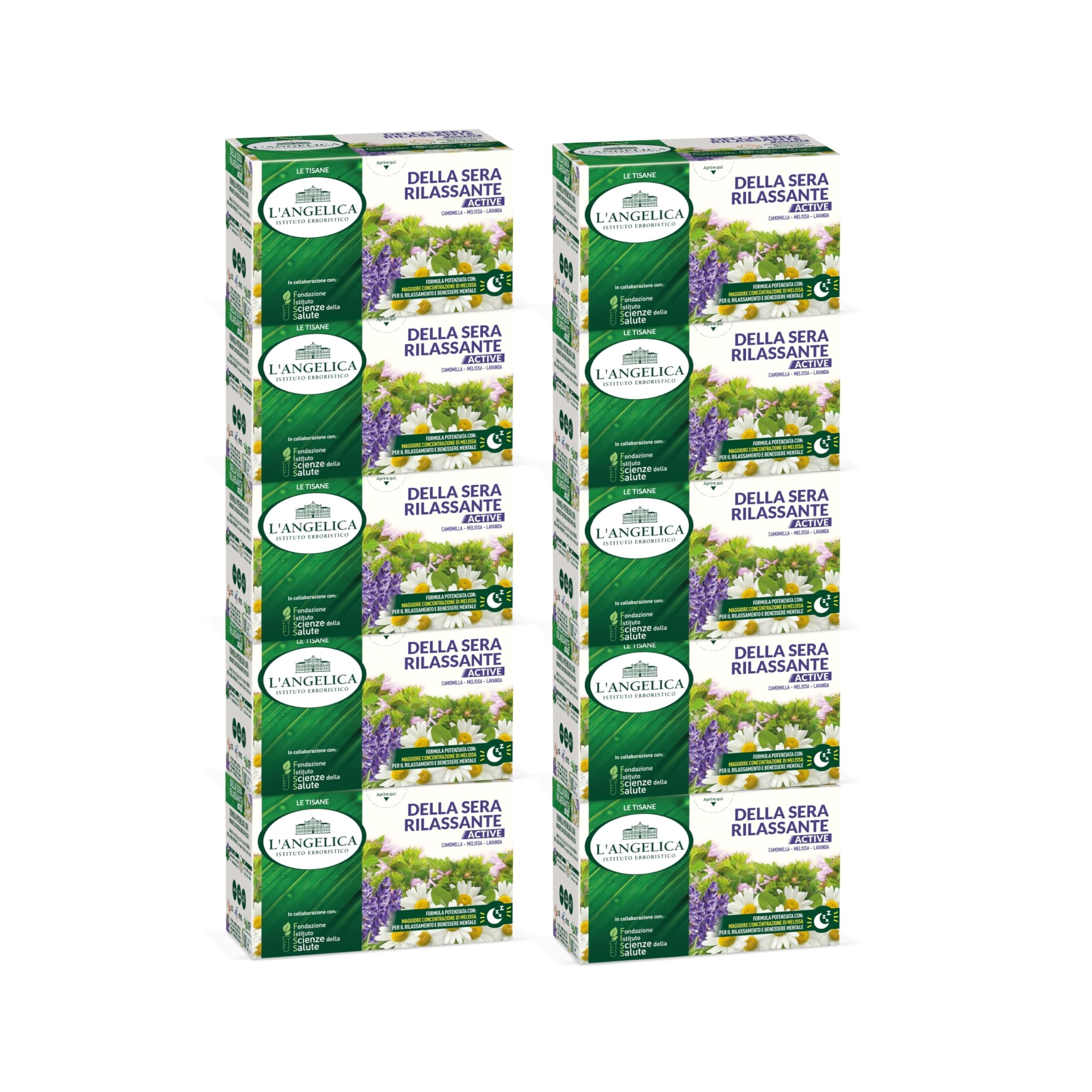 L'Angelica, 10 Astucci da 18 filtri di Tisane Della Sera Rilassante Active, Infuso Funzionale per la Distensione con Camomilla Melissa e Lavanda, per Favorire il Sonno
