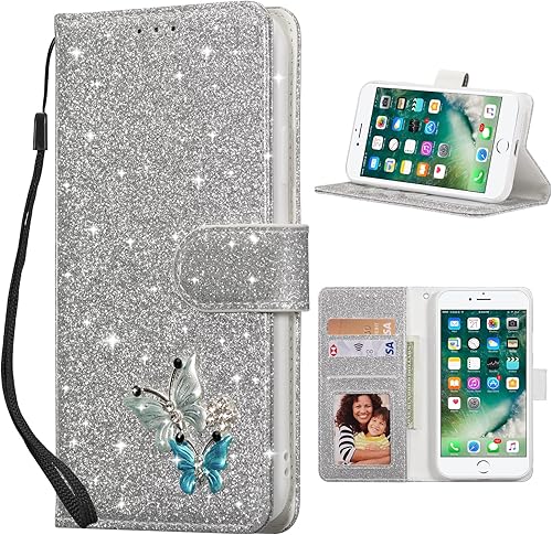 UEEBAI Funda tipo cartera para iPhone SE 202278SE 2020, funda de piel sintética con purpurina brillante de alta calidad con ranuras para tarjetas,
