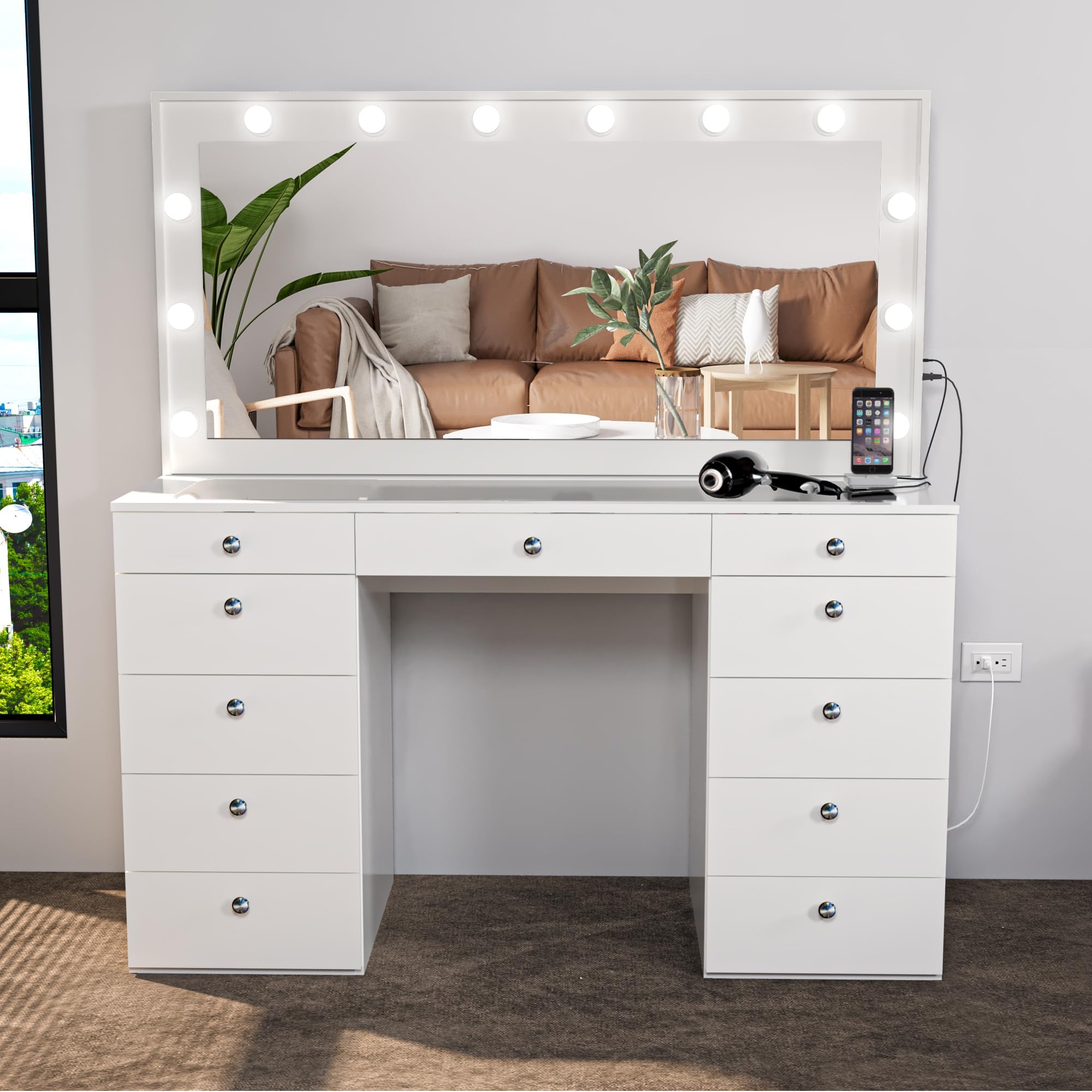 Boahaus Orla Extra Large Makeup Vanity Desk with Lights Built-in, Power Outlet, 11 Drawers, Hollywood Vanity Mirror, Glass Top Vanity, Basic Knobs, White Big Vanity, 61.02''Hx56.3''Wx20.08''D