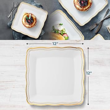 Posh Setting - White Plastic Serving Trays 6 Pack, Heavyweight Plastic Trays for Serving Food Party, Gold Rim Border Disposable Serving Platters and Trays, Platters for Serving Food Party - 12x12