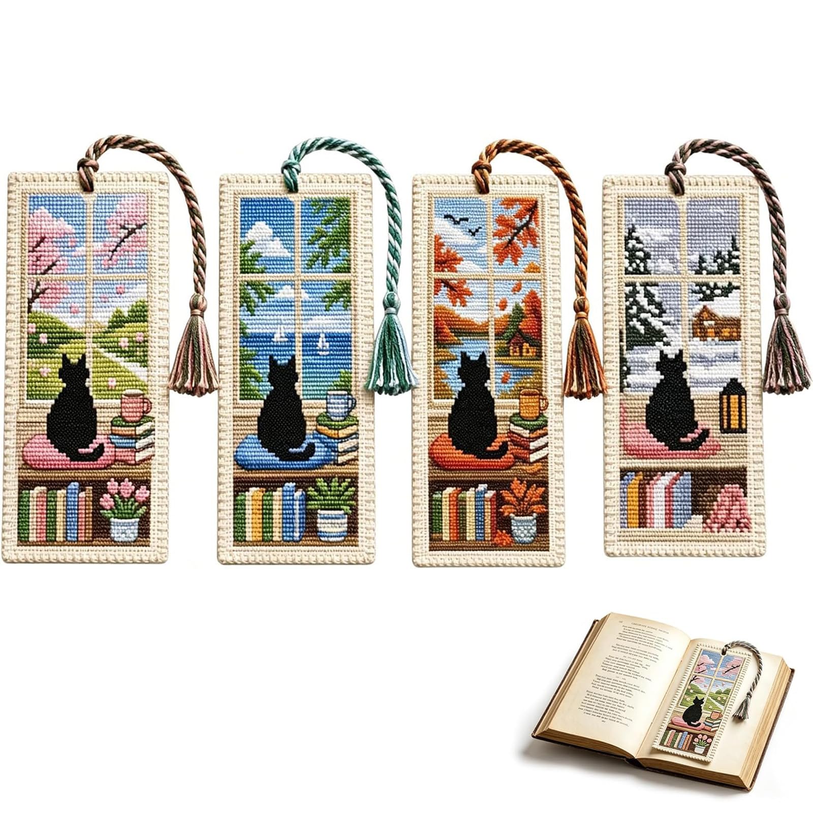 Seasonal Cat Cross Stitch Bookmark Kit for Adult Beginners, Black Cat Cross Stitch Bookmark Kit, DIY Crossstitch Kit with Instructions, Gift for Readers & Book Lovers 1.6''x5.9'' (4PCS)