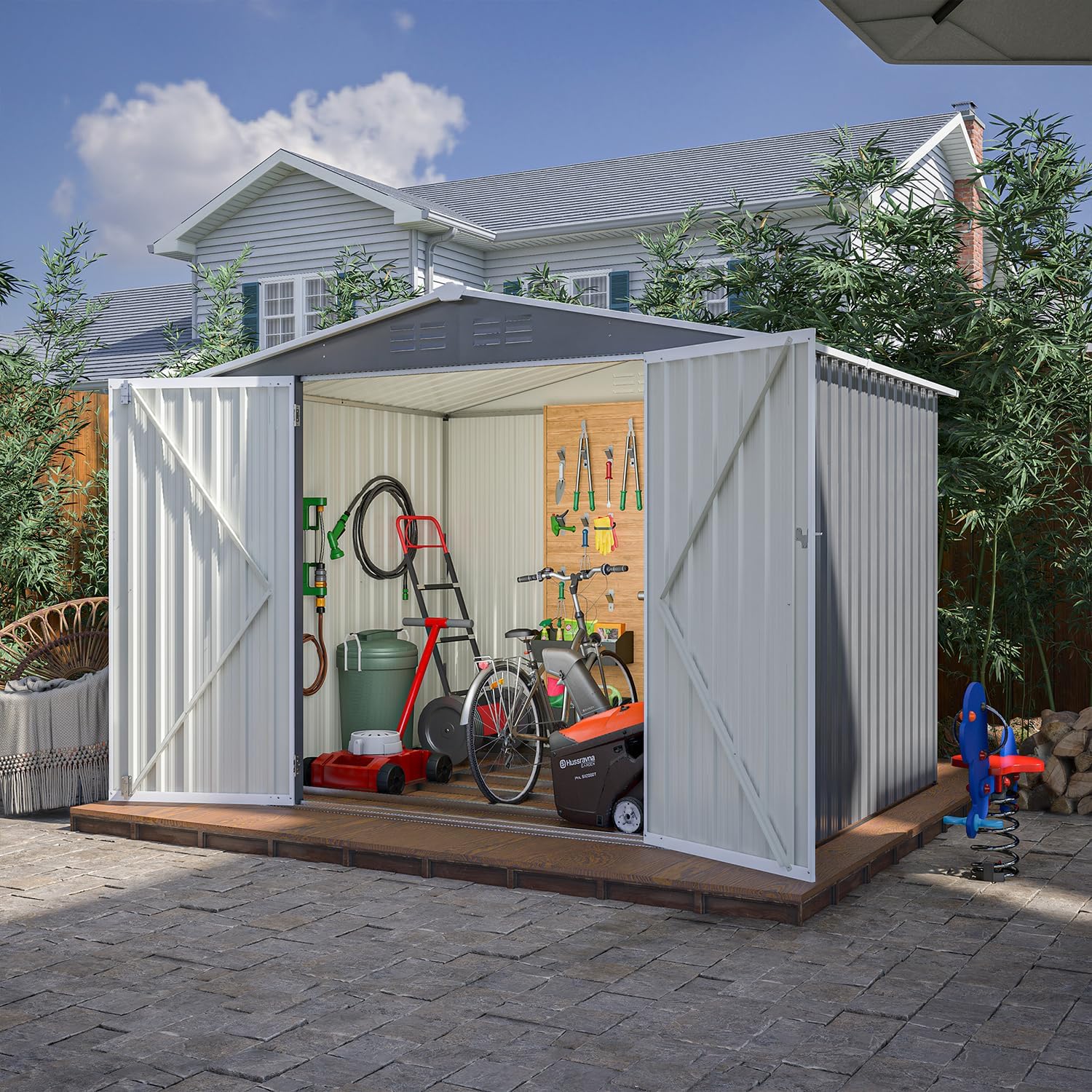8x6 ft Outdoor Waterproof Metal Storage Shed with Foundation Floor Frame, Lockable Hinged Doors & Air Vents, All Weather Garden Tool Shed for Backyard Lawn, Galvanized Steel - Grey