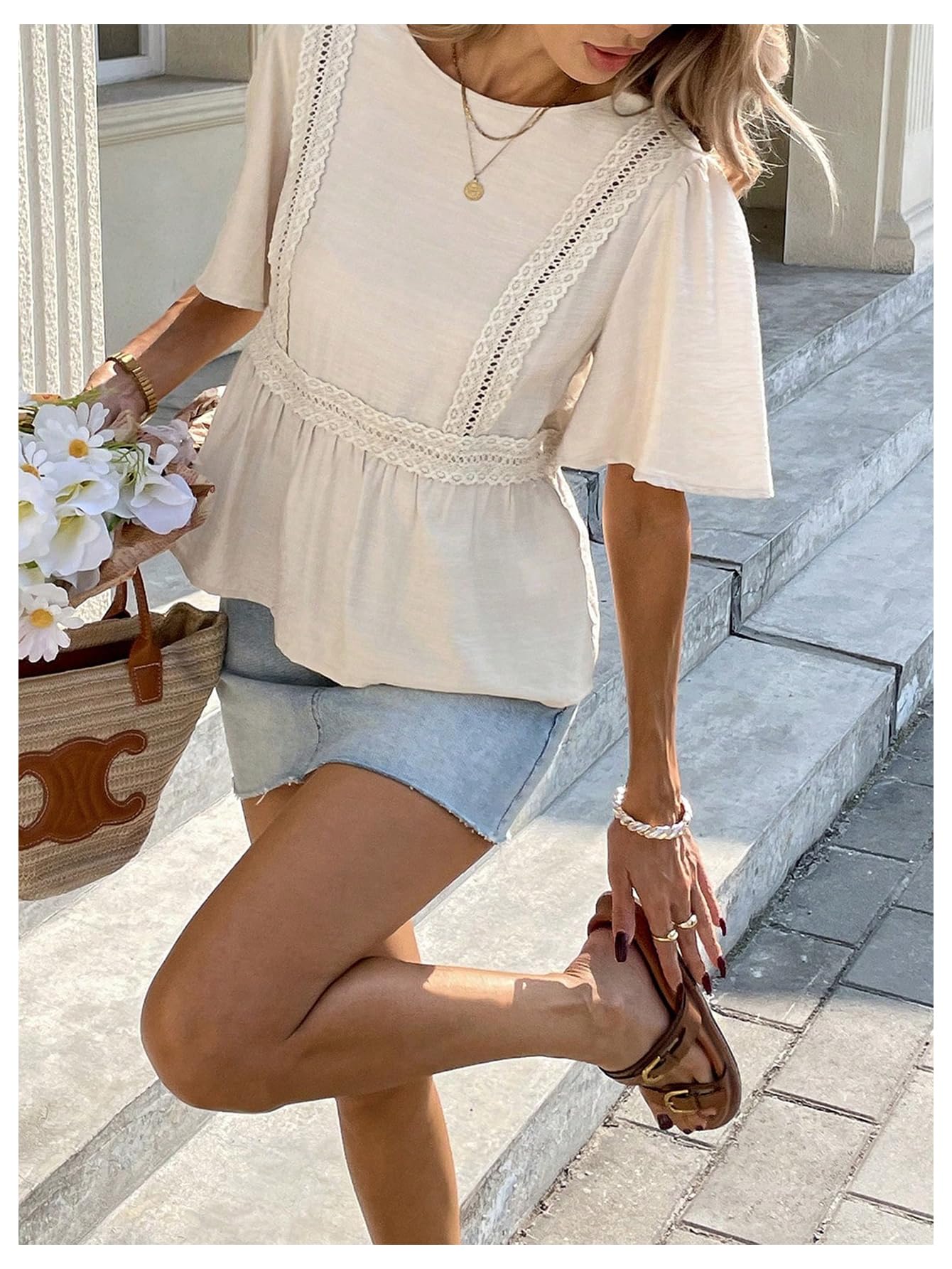 MakeMeChic Women's Bow Tie Back Blouse Crew Neck Ruffle Short Sleeve Shirt Tops