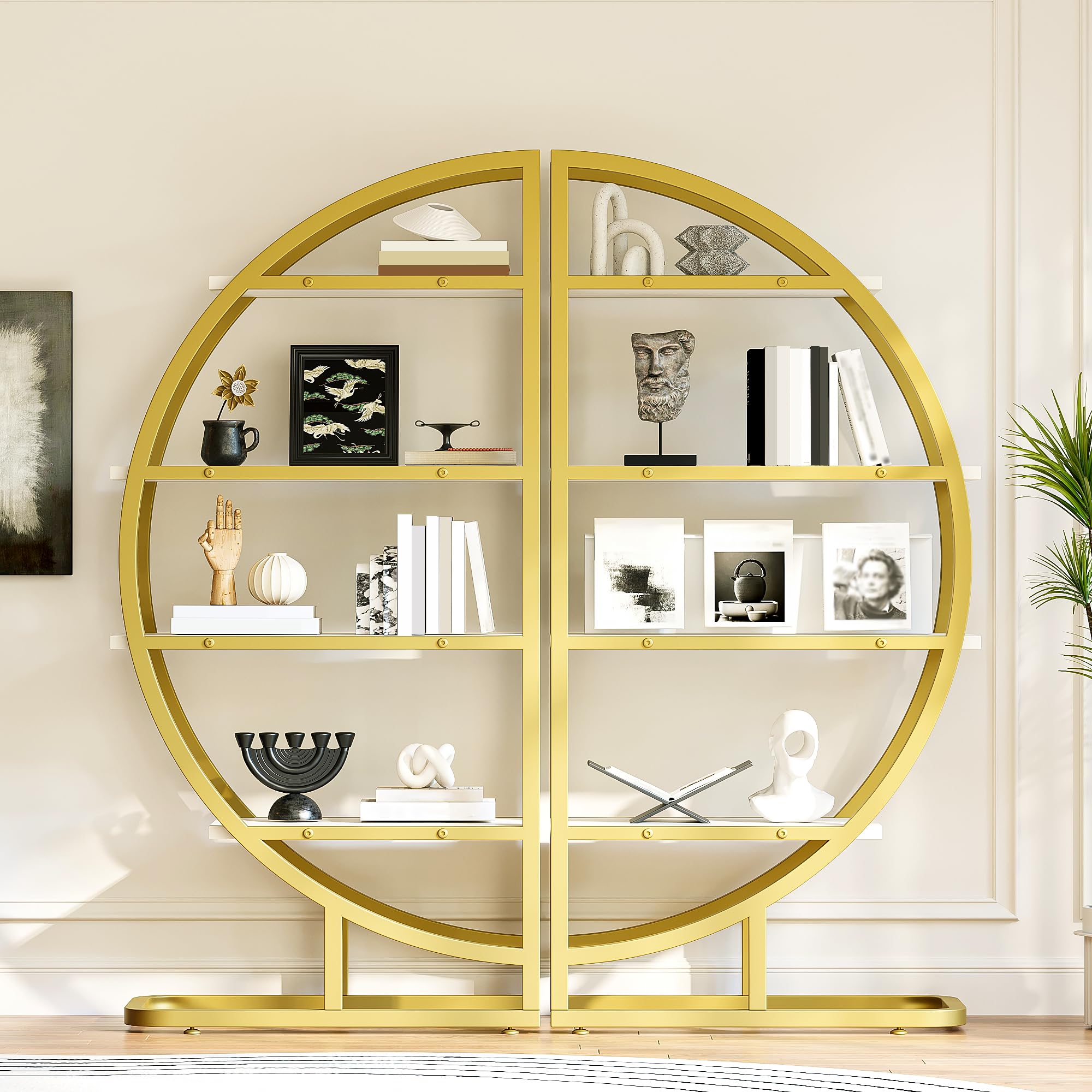 Scaffale ad Arco con Metallo e MDF, per Soggiorno, Oro e Bianco, Set di 2