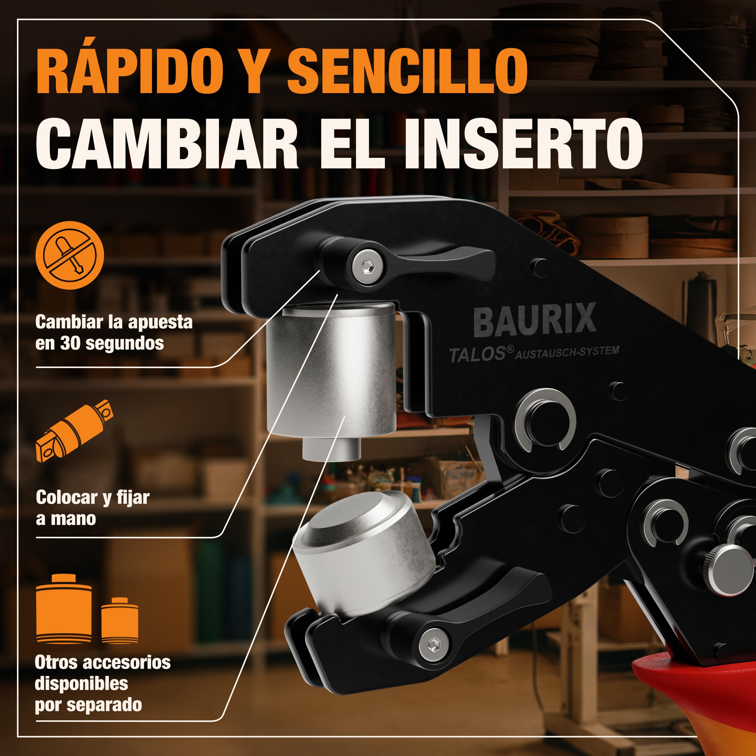 BAURIX® Alicate para Ojales con 200 Ojetes de Metal (Ø10mm) – Perforación Automática sin Troquelado Previo – para Lonas, Telas, Cuero y Textiles – ideal para Bricolaje y Costura - TALOS