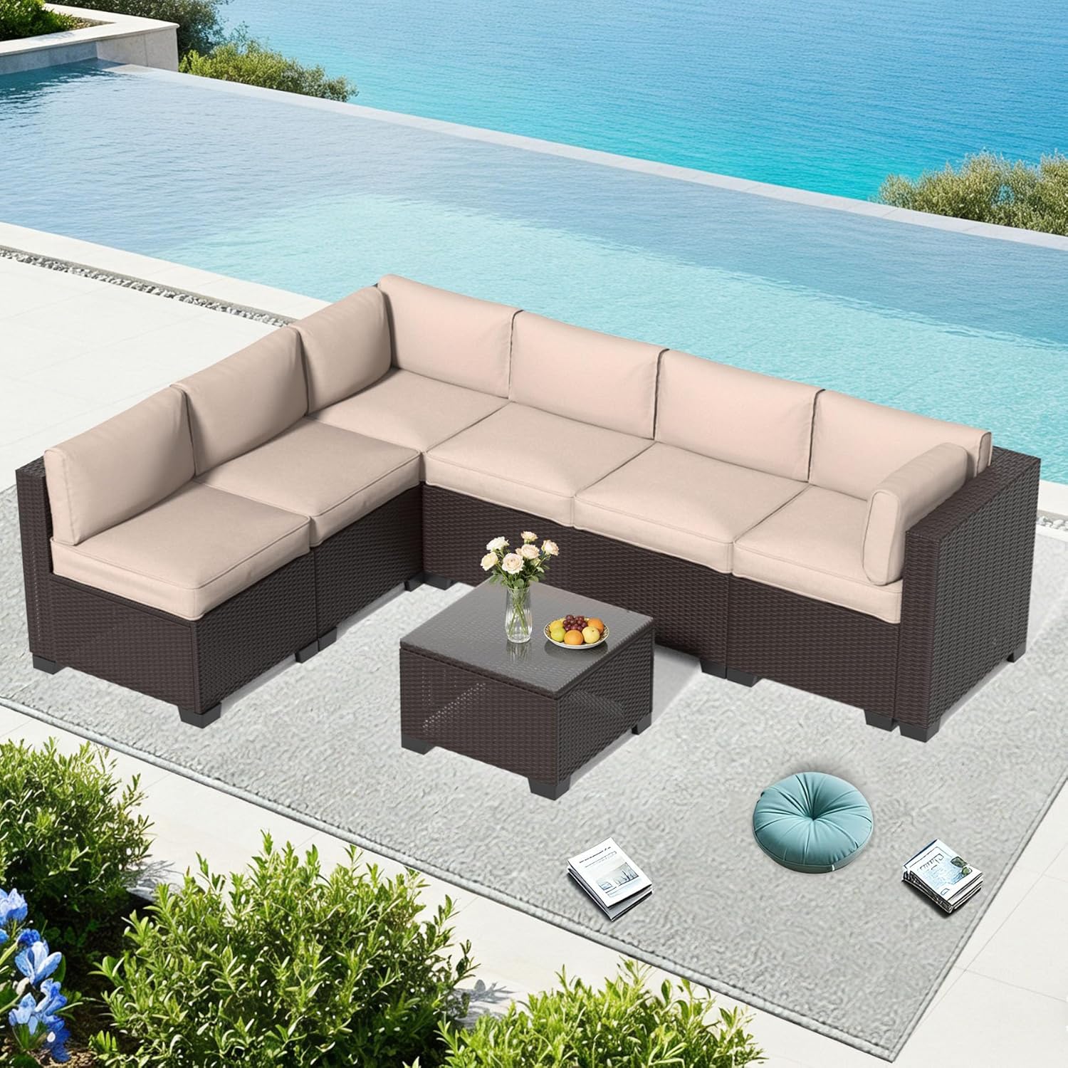 YLGJ&TIDY 7-Piece Outdoor Sectional Patio Furniture Set, All-Weather Wicker Rattan Sofa w/Thick Washable Cushions & Tempered Glass Table, Perfect for Garden, Poolside, Backyard (7, Khaki)