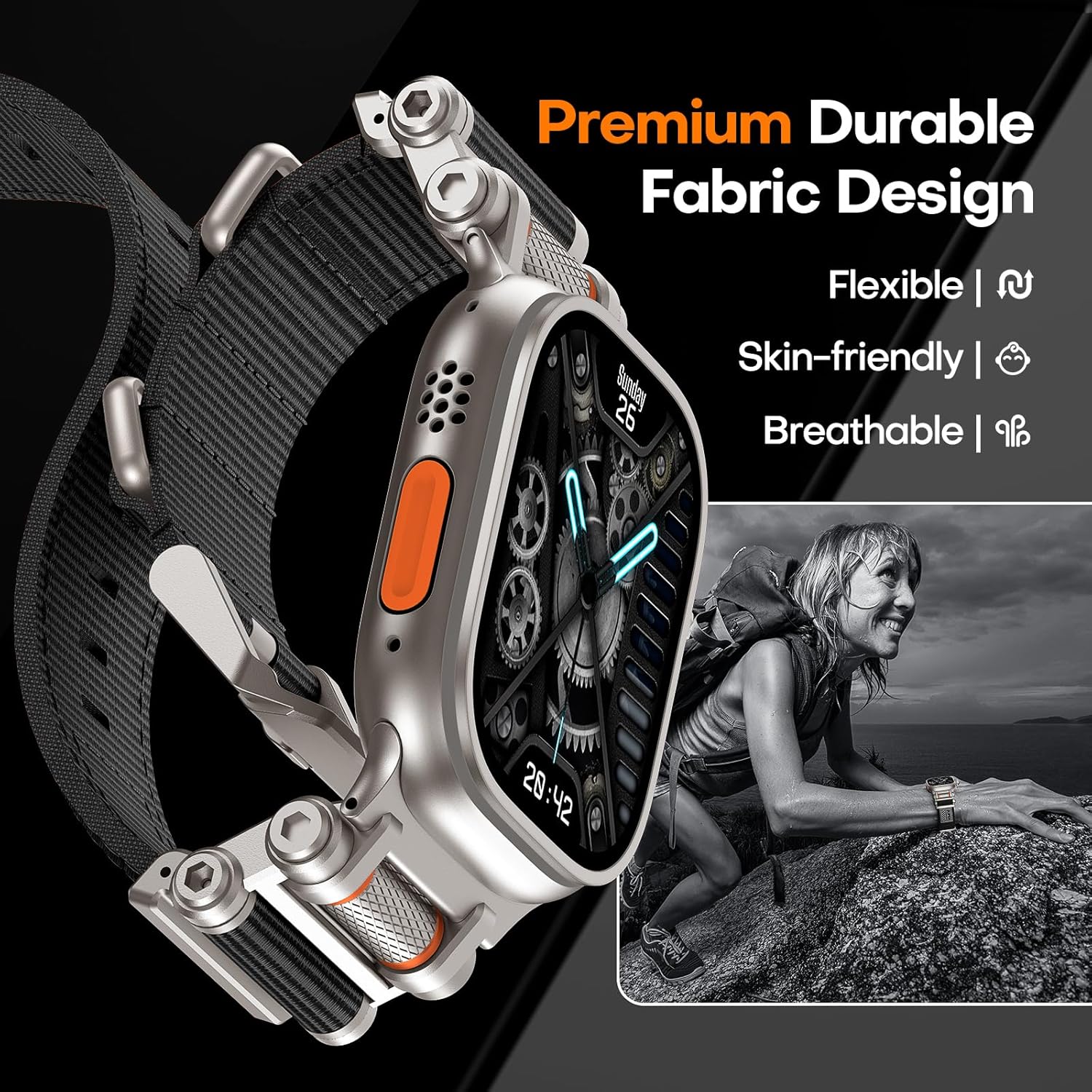 TAURI Nylon for Apple Watch Ultra 3/2 Bands 49mm, Rugged Nylon Braided Strap & Stainless Steel Metal Connector – Adjustable iWatch Ultra Men's Woven Sport Band, Black