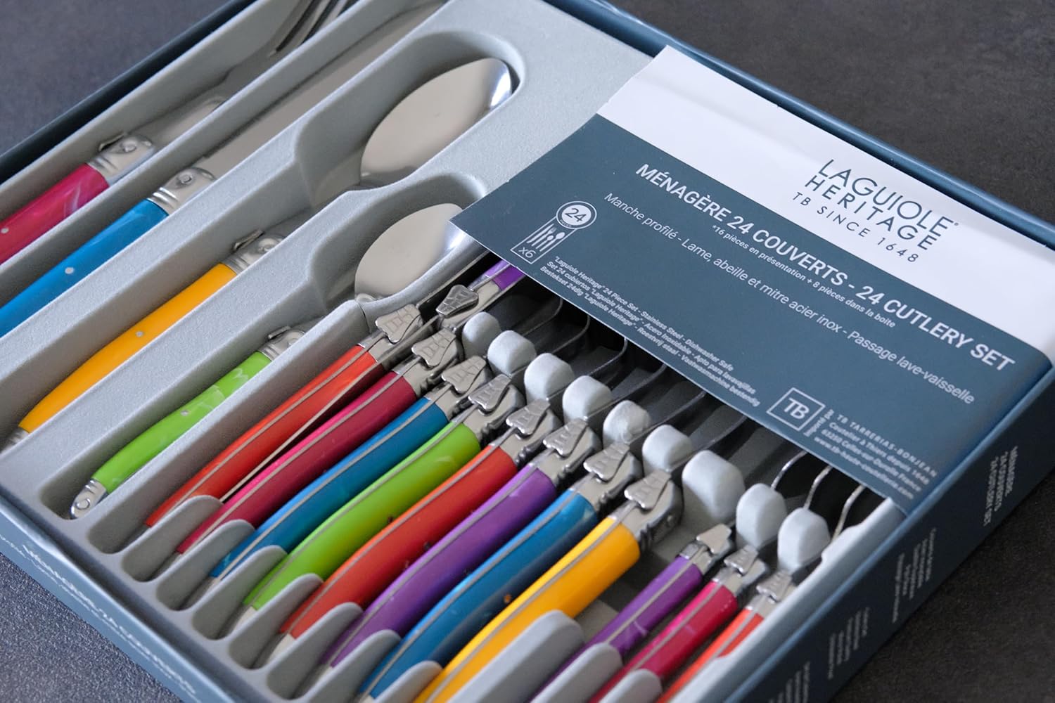 Laguiole Heritage Dinnerware Set; Luxury French Flatware in Premium Stainless Steel with Ergonomic ABS Handles; Features 6 Steak Knives, Forks, Tea/Coffee & Dessert Spoons, Multicolor, 24-Piece