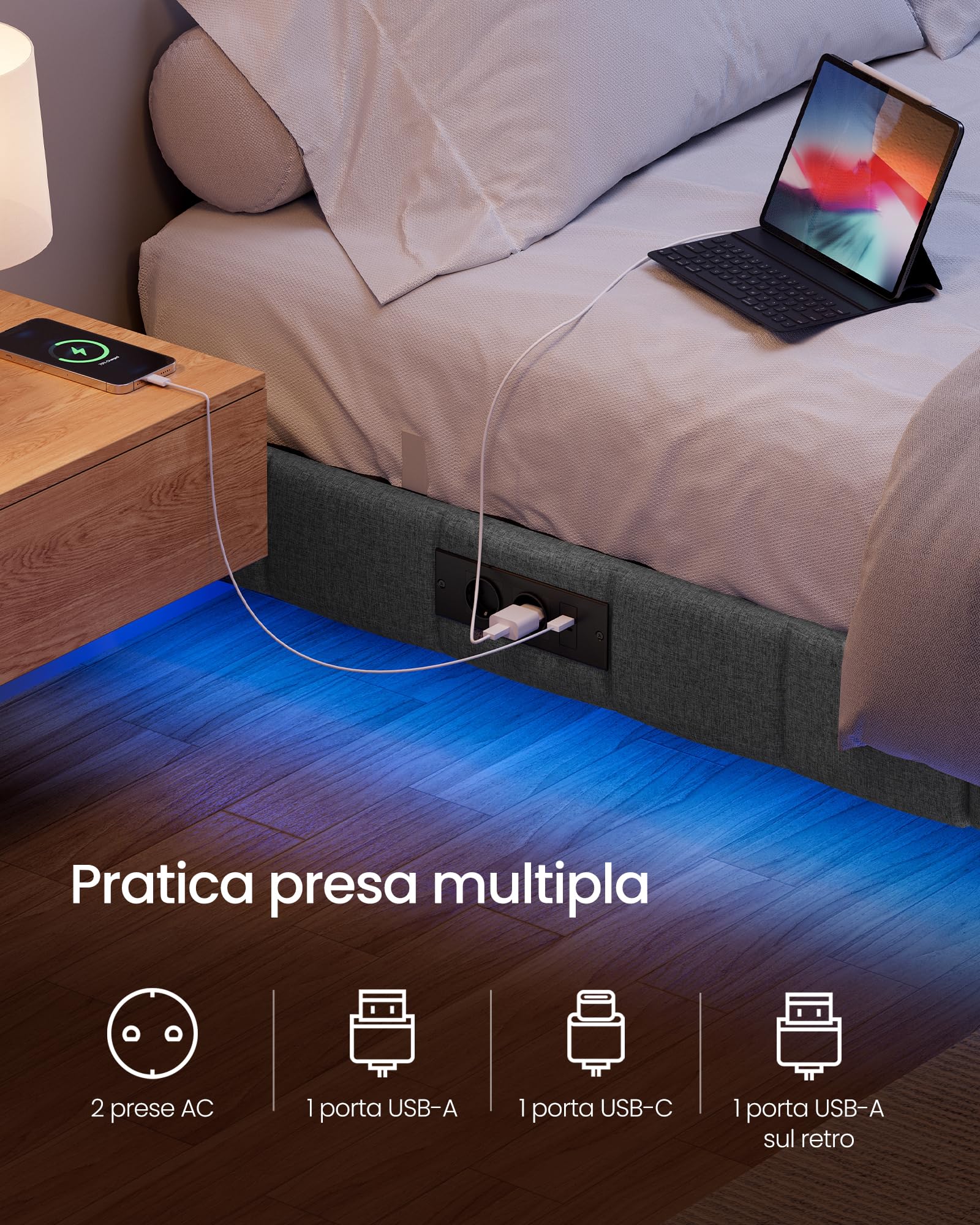 VASAGLE Struttura Letto Effetto Fluttuante 160 x 200 cm, Bordi Imbottiti, LED, 2 Prese AC, 1 Porta USB-A, 1 Porta USB-C, 1 Porta USB-A sul Retro, Portata 500 kg, Grigio Ardesia RMB165G101