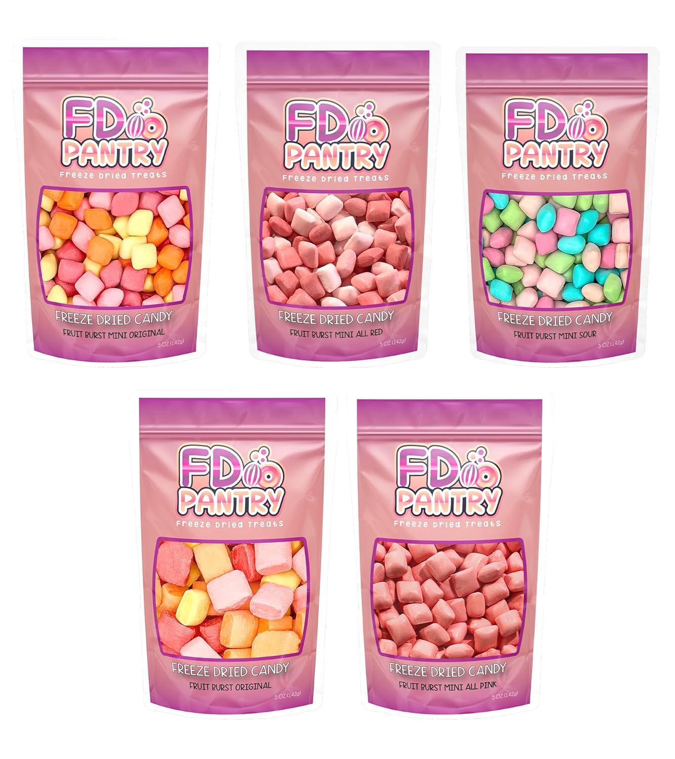 Freeze Dried Candy Variety Pack 5oz (5 Pack) - Freeze Dried Candy Bulk, Original, Mini Original, All Pinks, All Reds, Sour Assorted Resealable Bags - Giftable Variety Pack