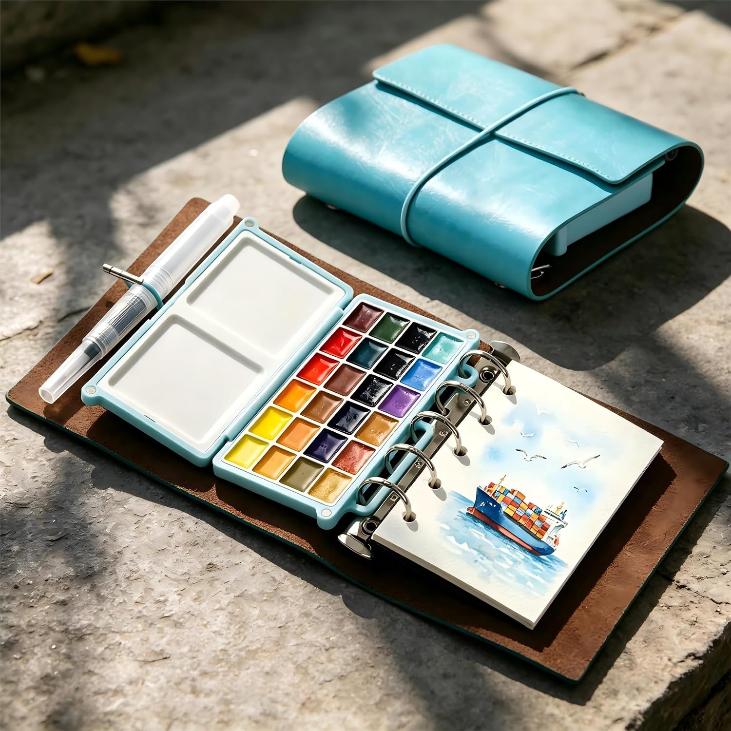 Portable Watercolor Sketchbook Set, Mini Watercolor Paint Set with 24 Colors, Brush & Drawing Paper, Travel Watercolor Kit for Artists Outdoor Painting