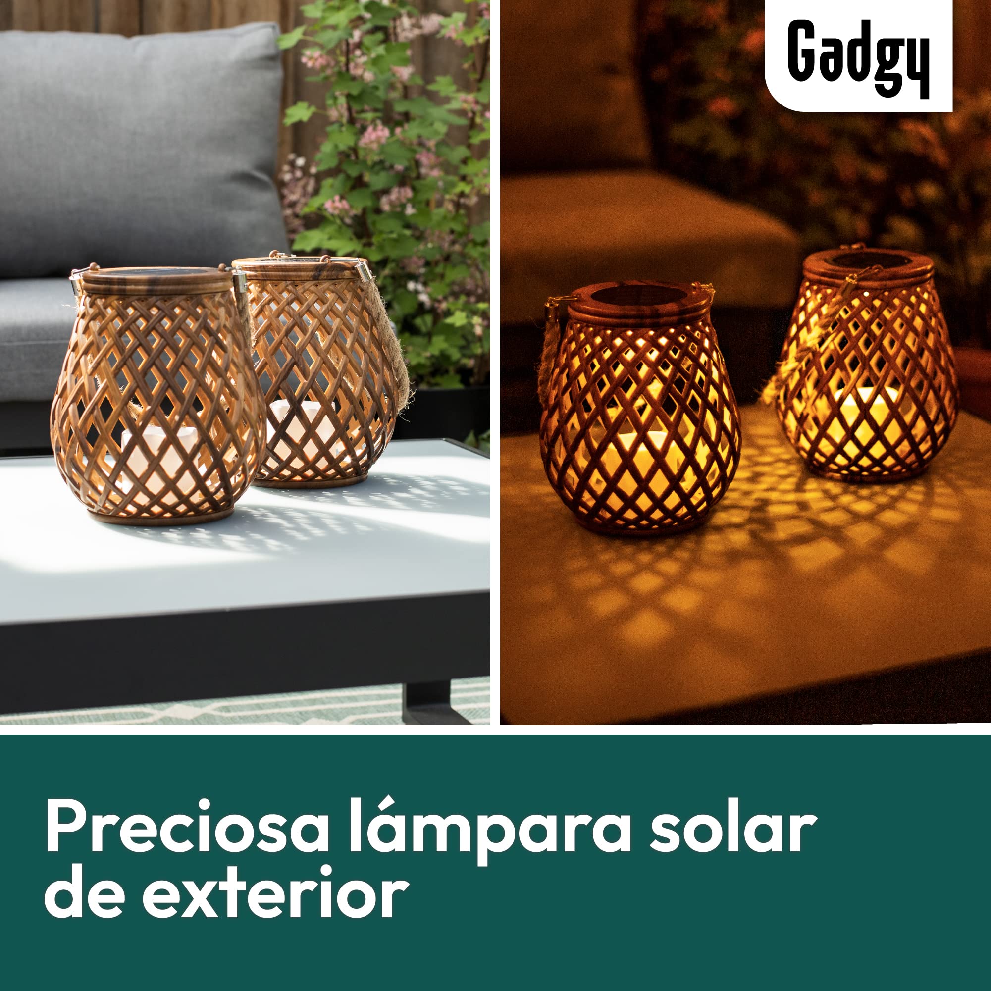 Gadgy Faroles Solares Exterior, Set de 2 Faroles de Ratán, Lámparas de Mesa LED Decorativas para Jardín, Balcón y Terraza - Decoración Jardín Exterior