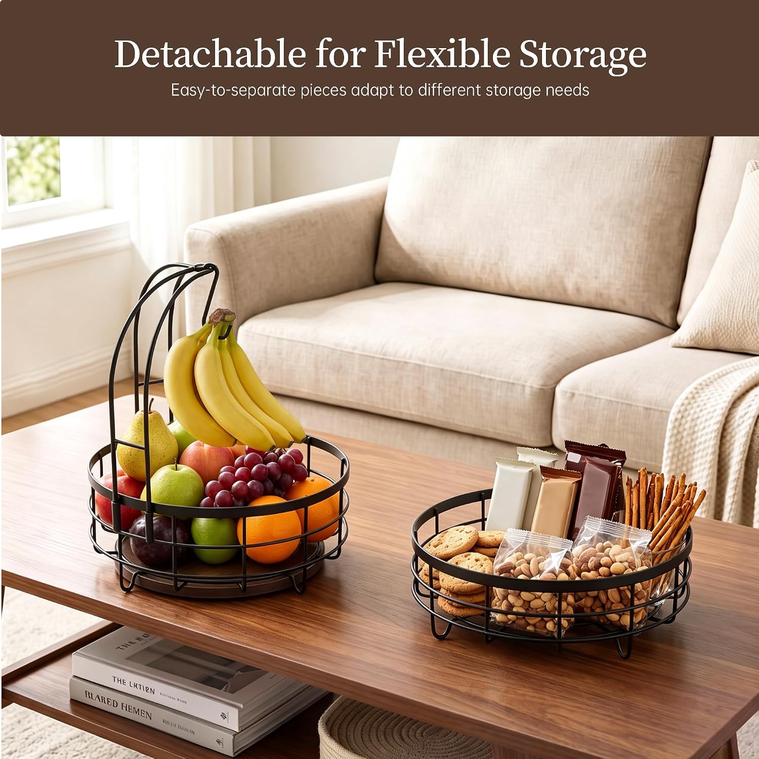TURSTIN 2 Tier Large Fruit Basket with Banana Hangers 10x14‘’, Round