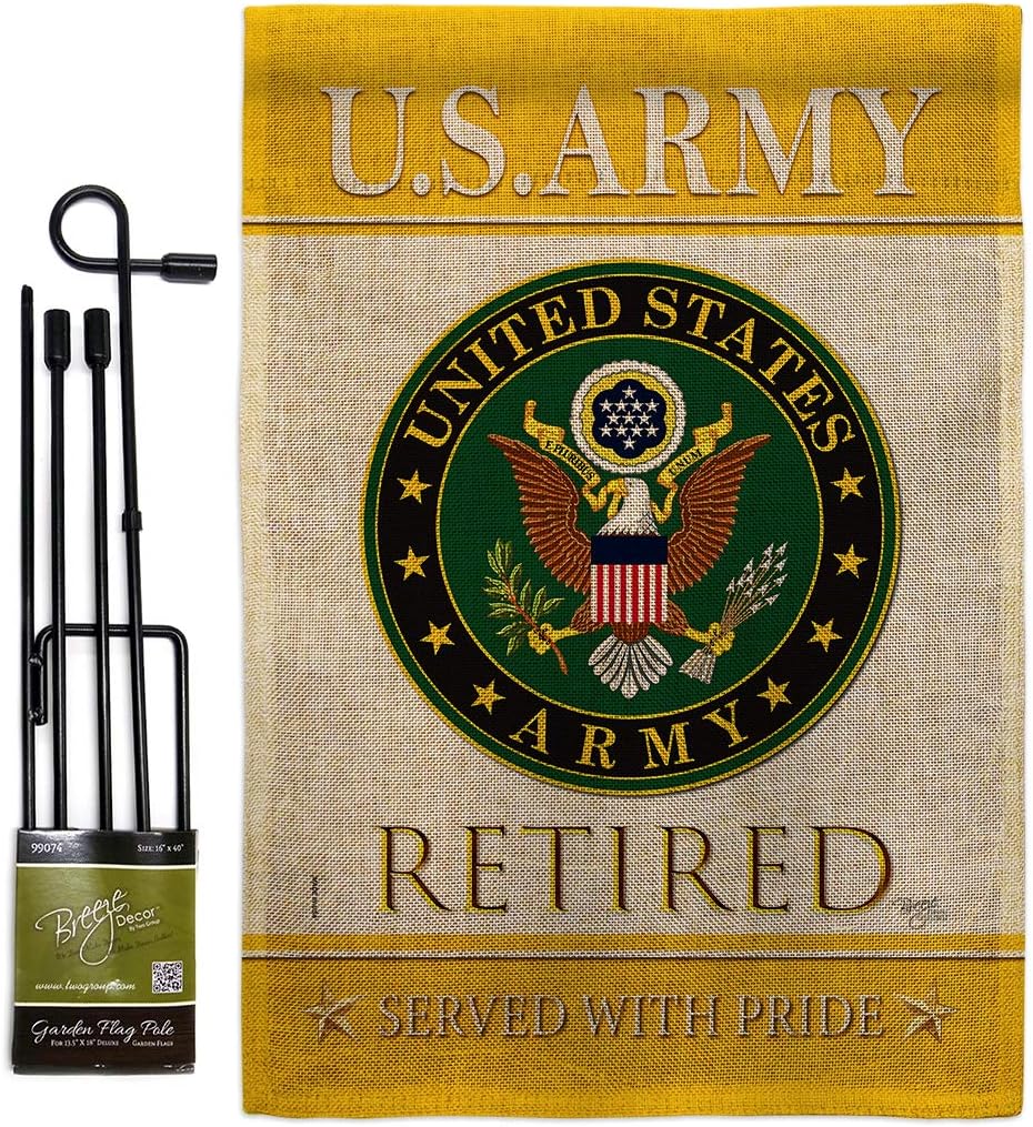 US Army Retired Burlap Burlap Garden Flag Set with Stand Armed Forces Rangers United State American Military Veteran Retire Official Small Gift Yard House Banner Double-Sided Made In USA 13 X 18.5