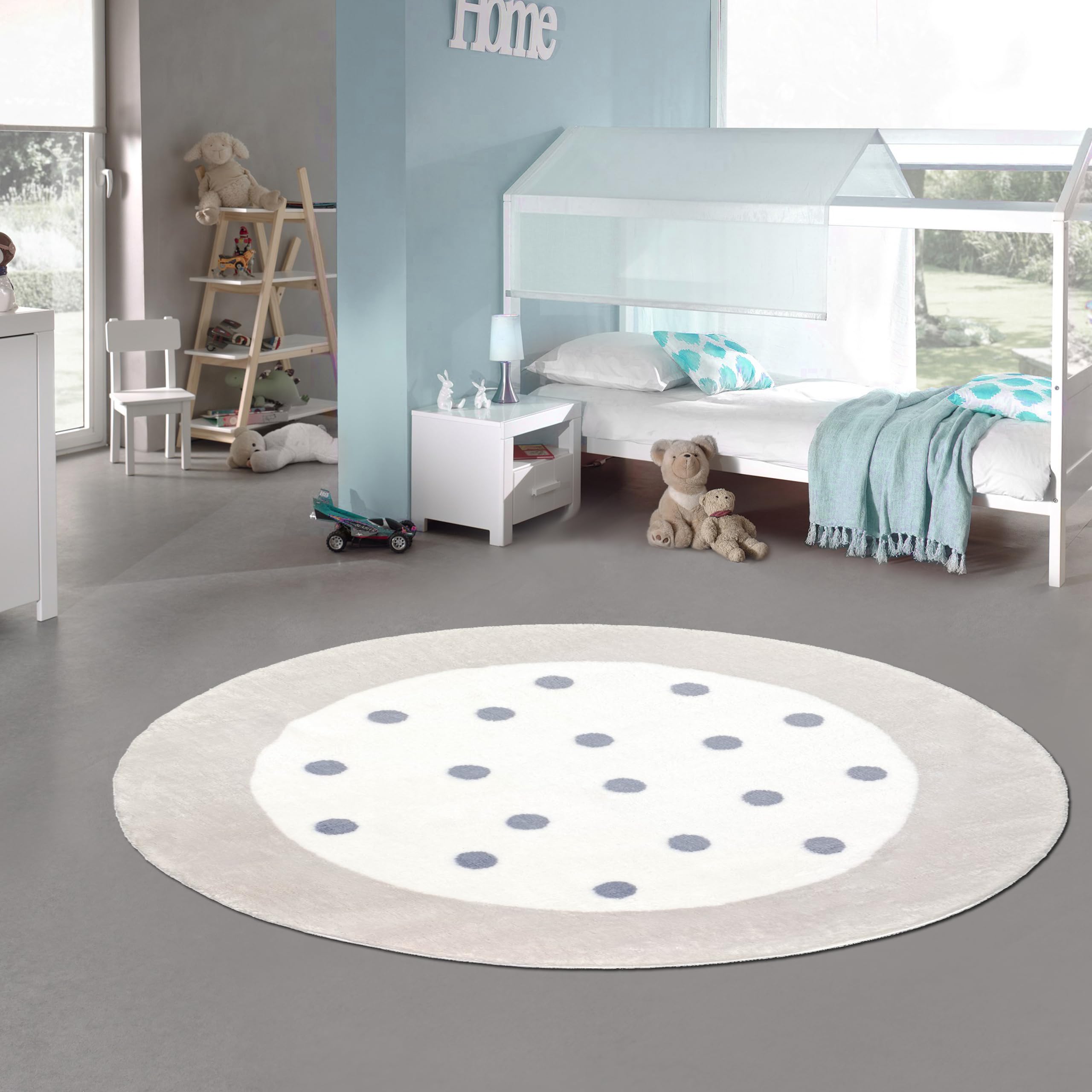 Teppich-Traum Alfombra habitación Infantil Redonda con Lunares y Cenefa Suave Crema, Gris 120 cm Redondo